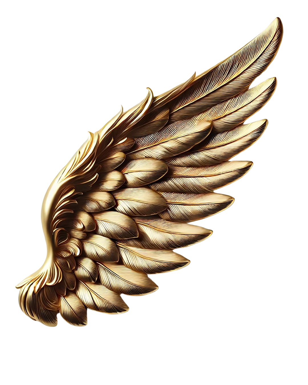 A detailed gold wing with multiple feathers, intricately layered and textured.