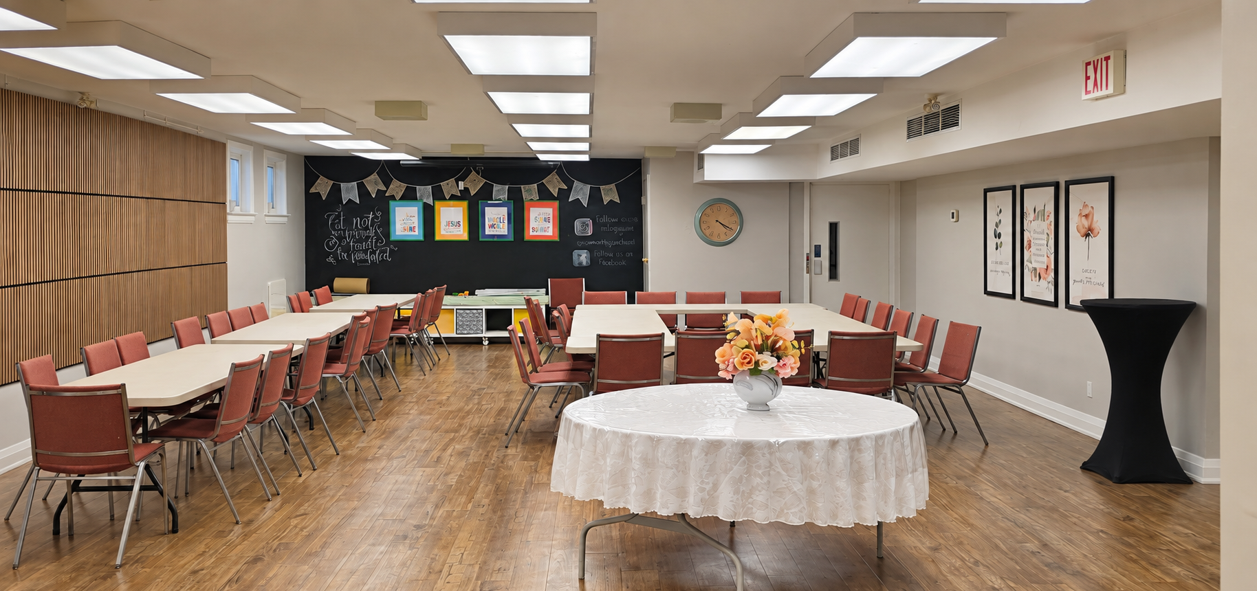 The fellowship room at Unionville Gospel Hall, arranged with tables and chairs.