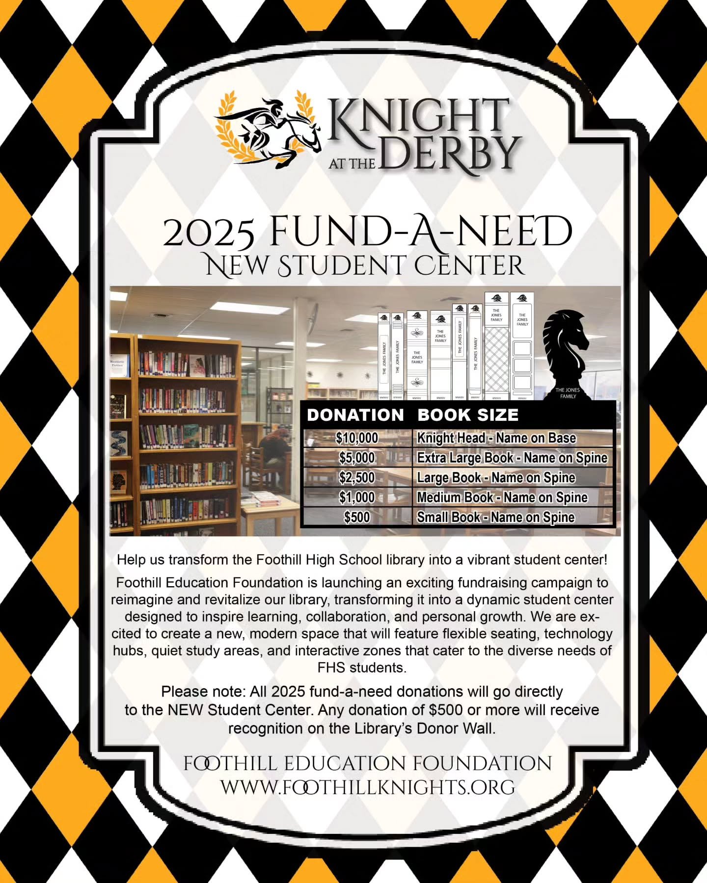 Help Us Turn Pages into Possibilities!
We&rsquo;re raising funds to transform the Foothill library into a dynamic Student Center&mdash;a space where our Knights can study, collaborate, and thrive. With your help, this hub of learning and connection c