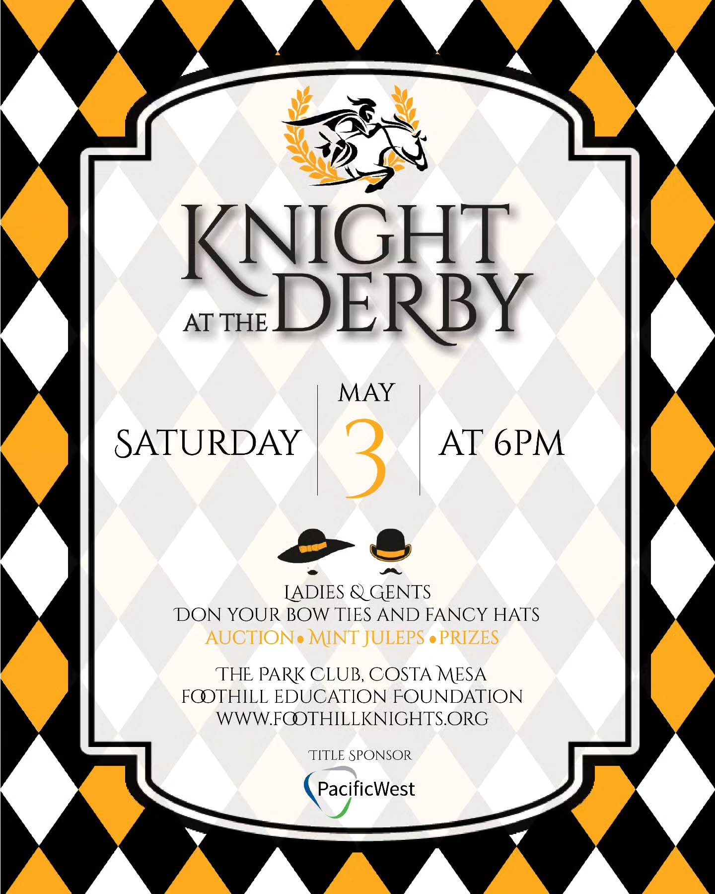 🎟️&nbsp;Tickets Now On Sale!&nbsp;🎟️
Join us for our biggest event of the year &mdash;&nbsp;Knight at the Derby! 🐎✨
📅&nbsp;Saturday, May 3, 2025

Get ready for an unforgettable evening of fun, fundraising, and Foothill community spirit! 💛🖤

🎫&