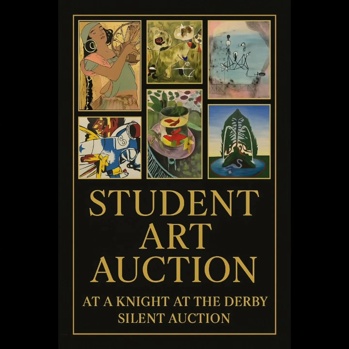 Foothill student artists are bringing the talent to Knight at the Derby!
Bid on original student art&mdash;on display during the event and available online.
Support the arts. Support our school.
Bid now at our auction site!

#KnightAtTheDerby #Foothi