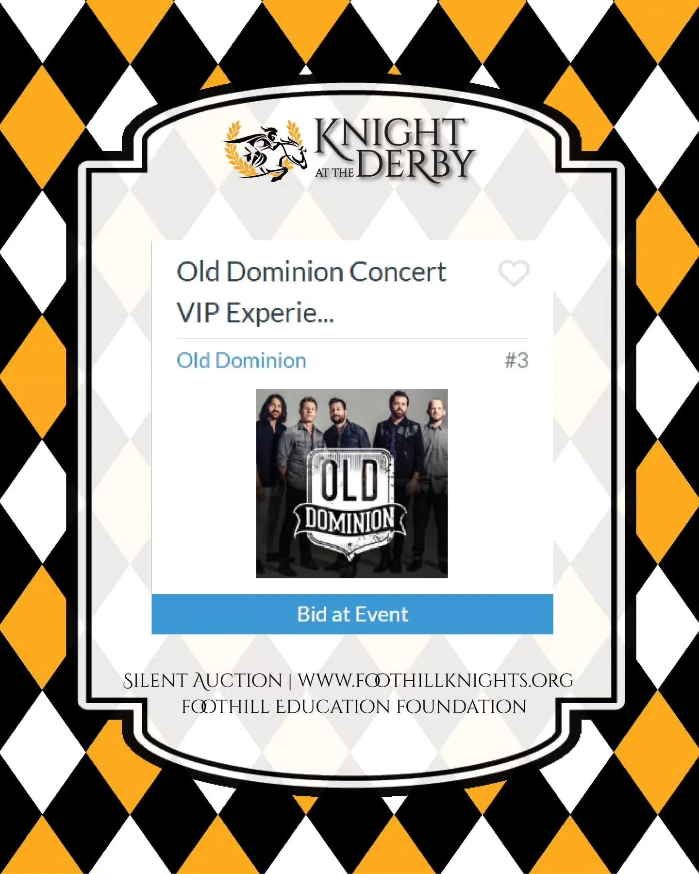 Ready to bid on unforgettable experiences?
The&nbsp;Knight at the Derby&nbsp;Auction is LIVE&mdash;featuring once-in-a-lifetime packages you won't want to miss!

LIVE AUCTION SPOTLIGHT:
VIP Old Dominion Experience&nbsp;&ndash; 4 VIP tickets to any of