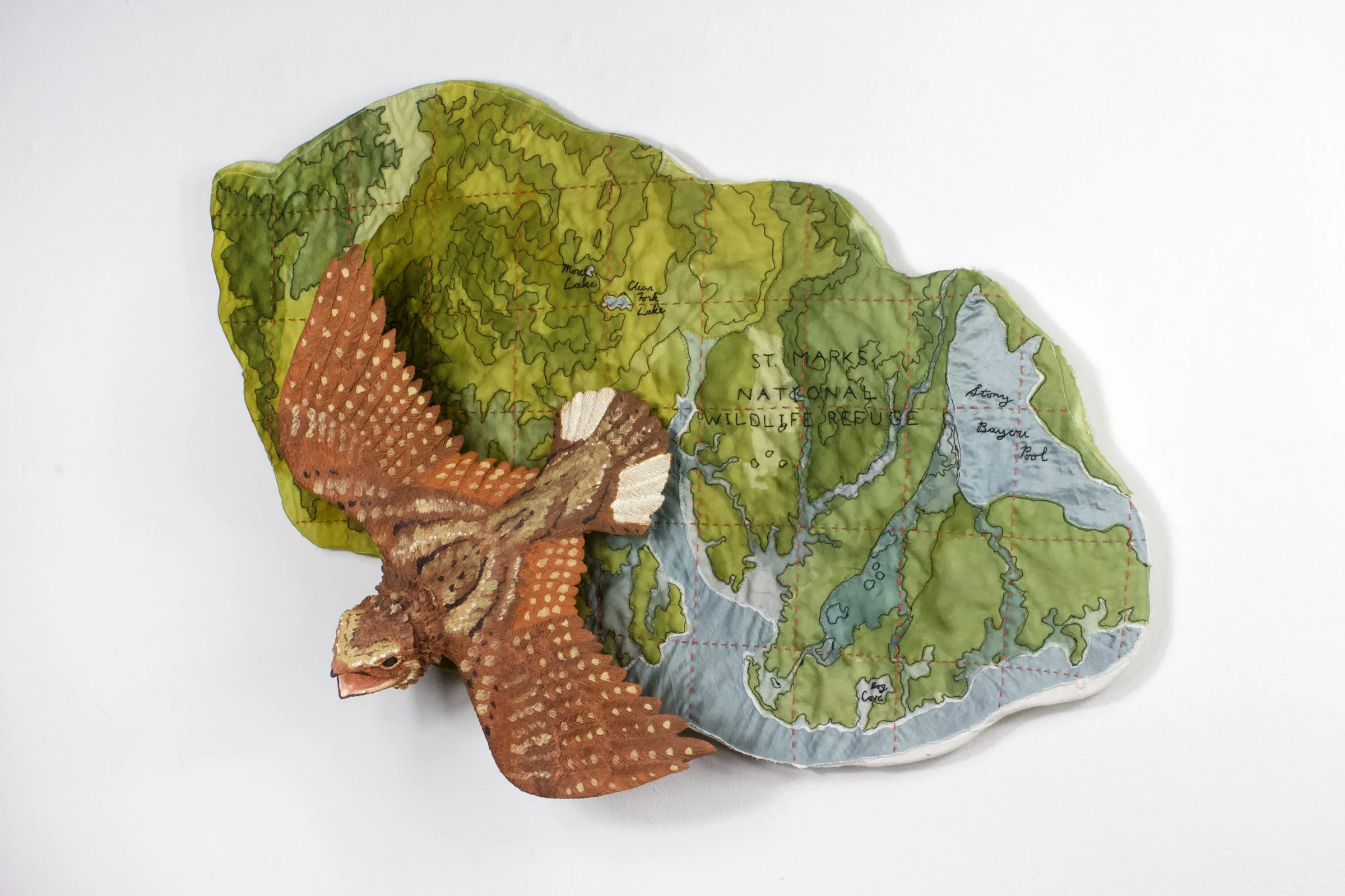  In flight: Eastern Whip-poor-will
2026
20” H x 32” W x 7” D
Locally sourced Missouri clay, terra sigillata, hand dyed silk, cotton, embroidery floss