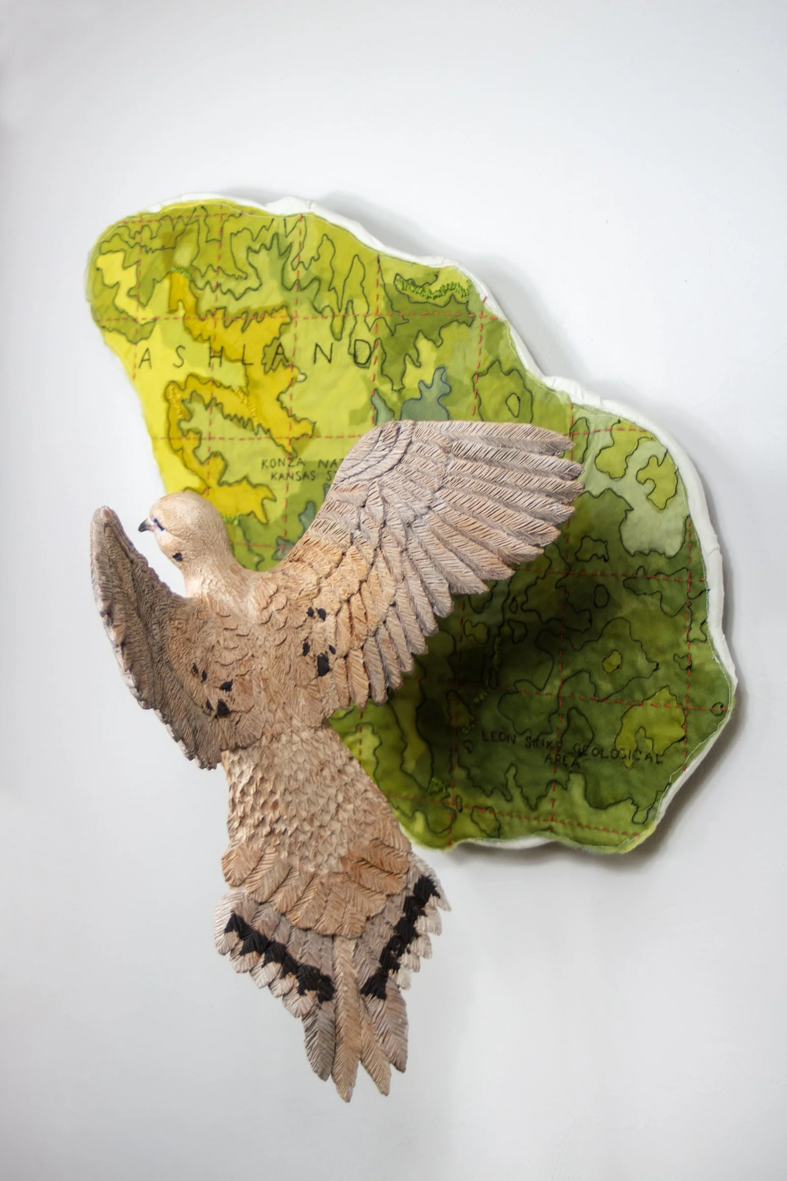 In flight: Mourning Dove
2025
23 H x 22 W x 12 D
Locally sourced Missouri clay, terra sigillata, hand dyed silk, cotton, embroidery floss

