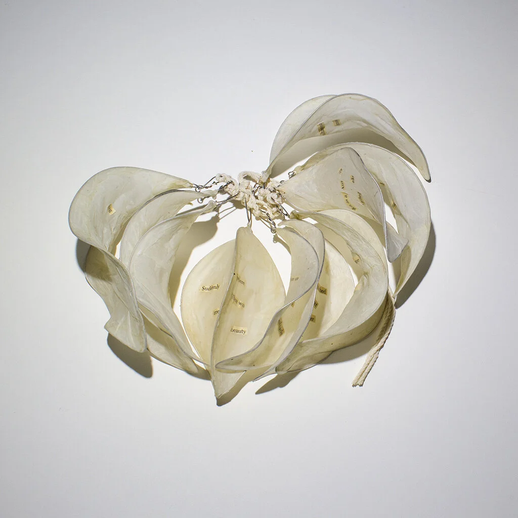 Leaves, 2018, Overbeaten abaca, steel, found book pages, yarn, dimensions variable (Copy)