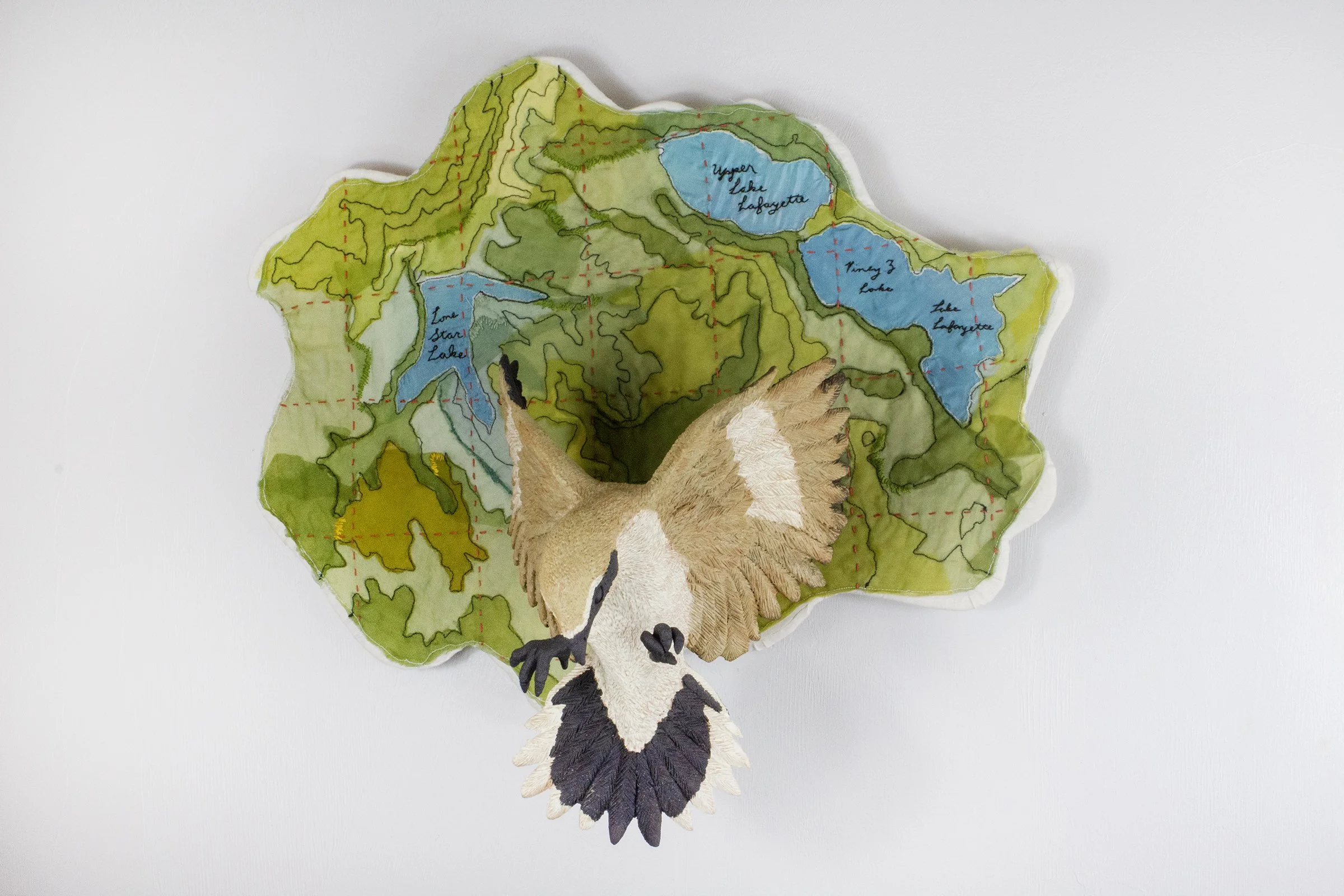 In flight: Loggerhead Shrike 
2025
19 H x 20 W x 10 D
Locally sourced Missouri clay, terra sigillata, hand dyed silk, cotton, embroidery floss
