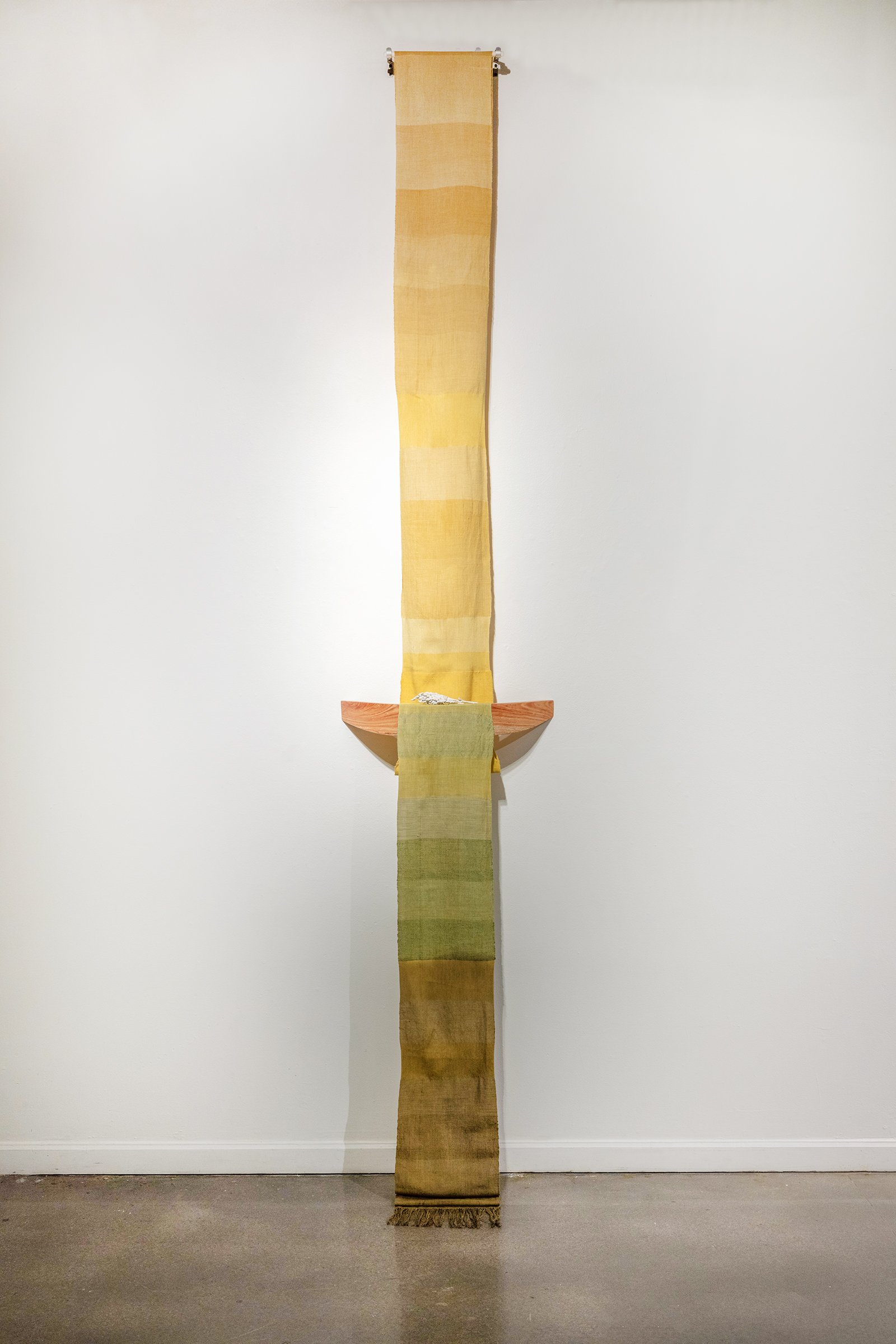 Goldenrod
2023
144” x 25” x 10”
Hand dyed silk, cotton, linen, hemp, and wool yarn, locally sourced honey locust, porcelain 
