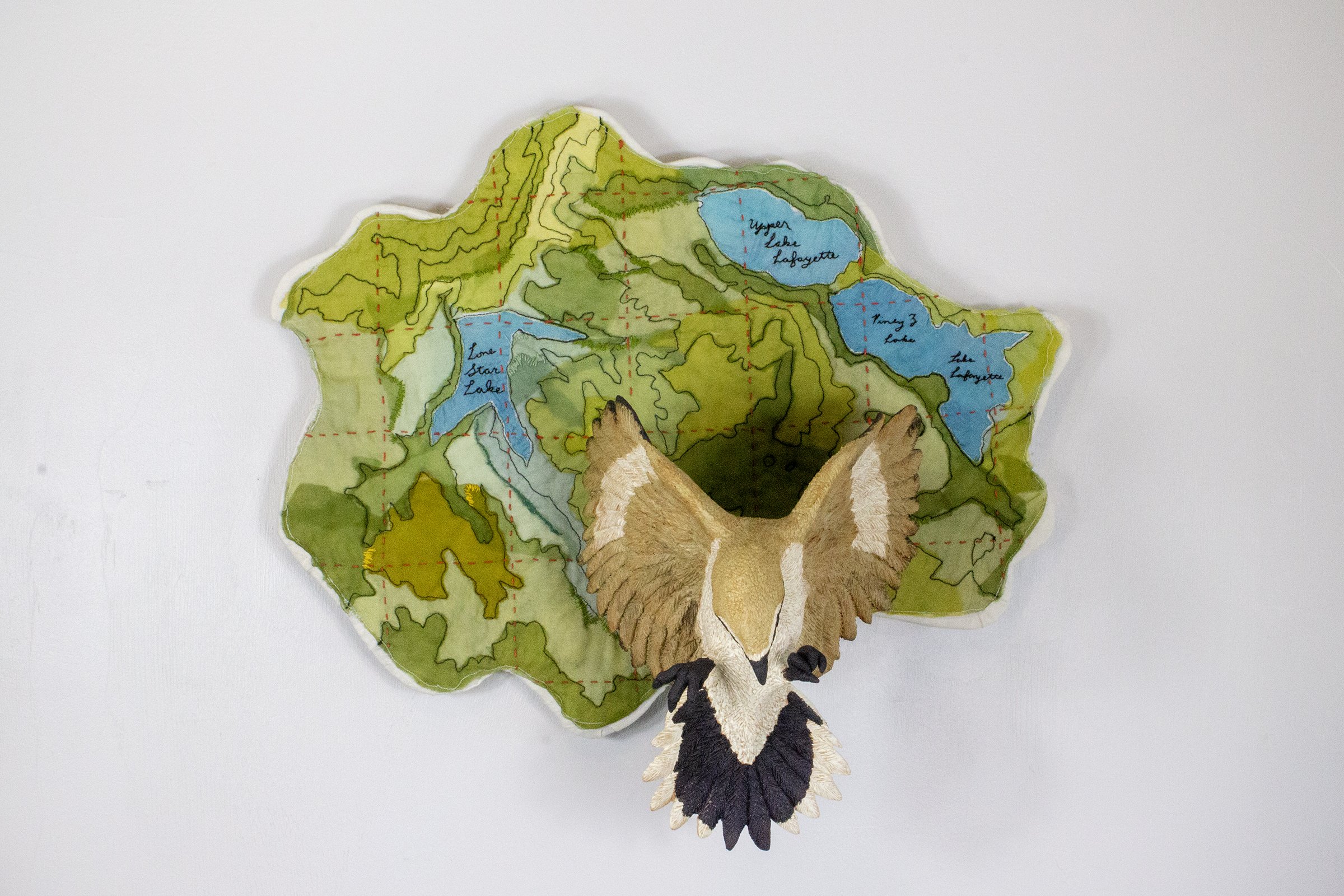 In flight: Loggerhead Shrike 
2025
19 H x 20 W x 10 D
Locally sourced Missouri clay, terra sigillata, hand dyed silk, cotton, embroidery floss
