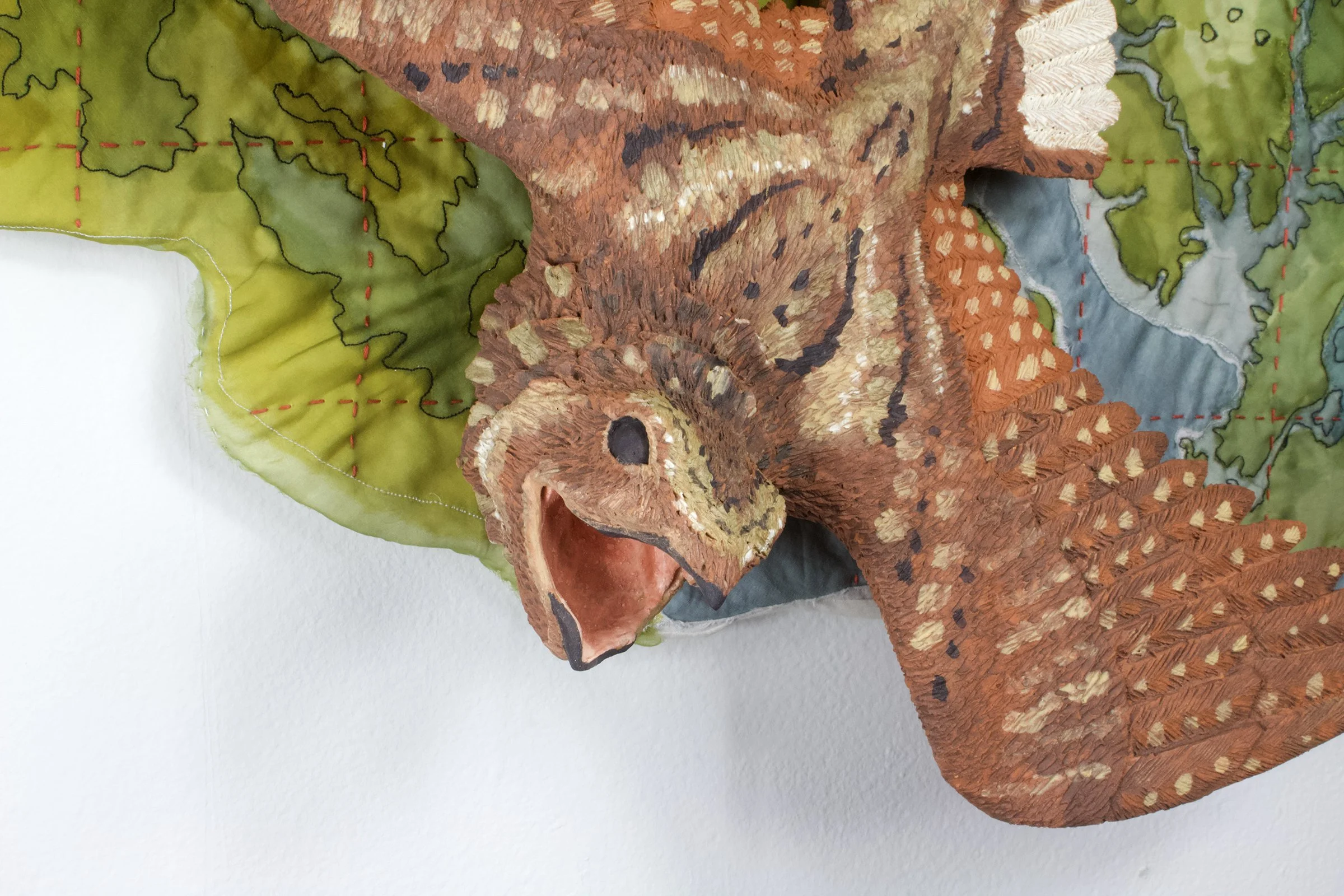  In flight: Eastern Whip-poor-will
2026
20” H x 32” W x 7” D
Locally sourced Missouri clay, terra sigillata, hand dyed silk, cotton, embroidery floss