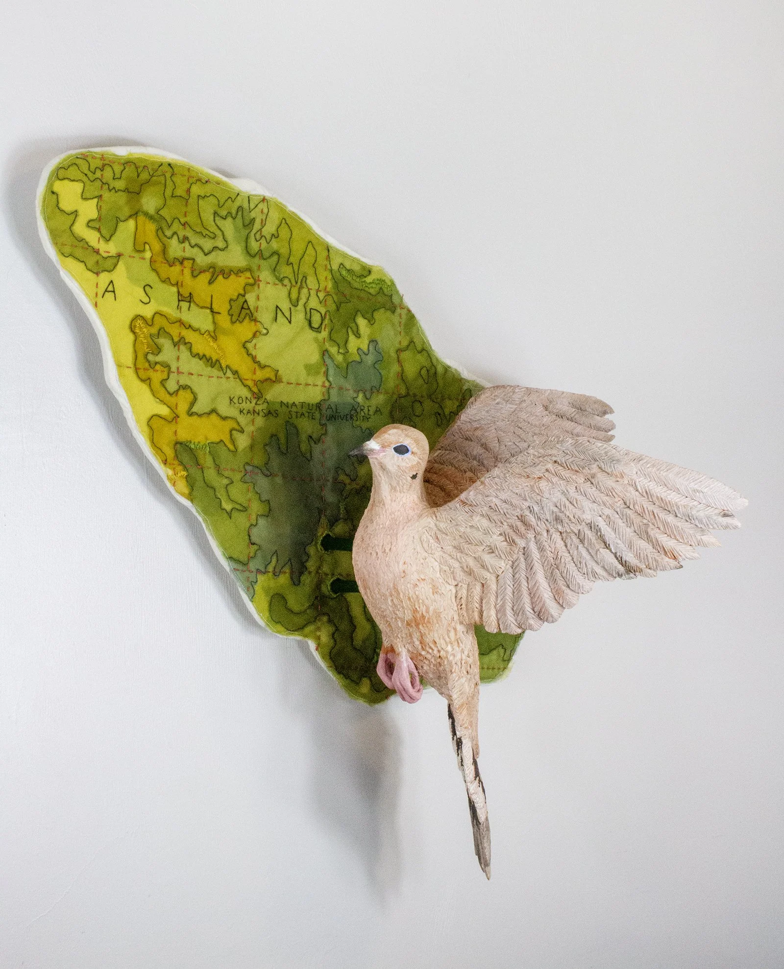 In flight: Mourning Dove
2025
23 H x 22 W x 12 D
Locally sourced Missouri clay, terra sigillata, hand dyed silk, cotton, embroidery floss
