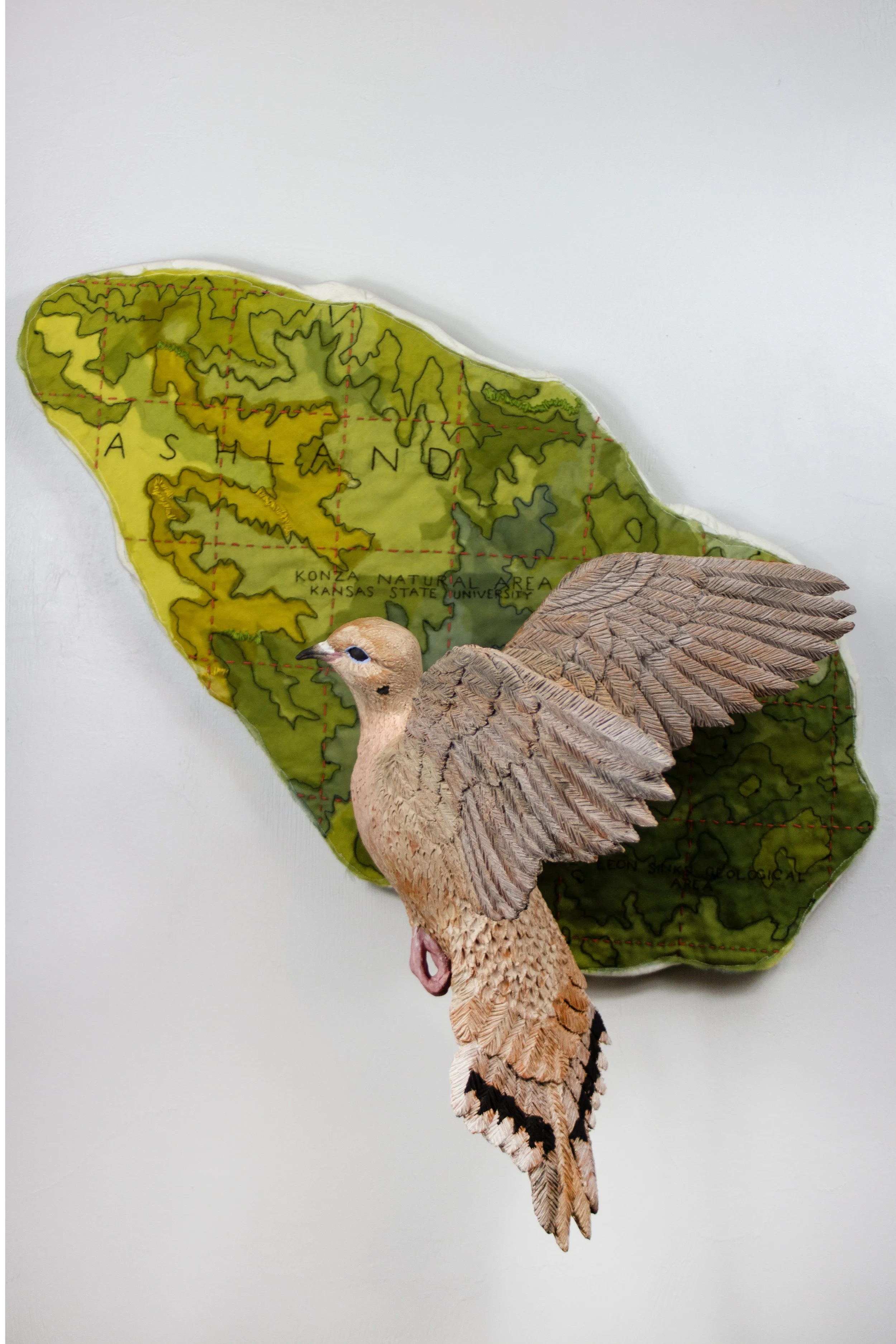 In flight: Mourning Dove
2025
23 H x 22 W x 12 D
Locally sourced Missouri clay, terra sigillata, hand dyed silk, cotton, embroidery floss
