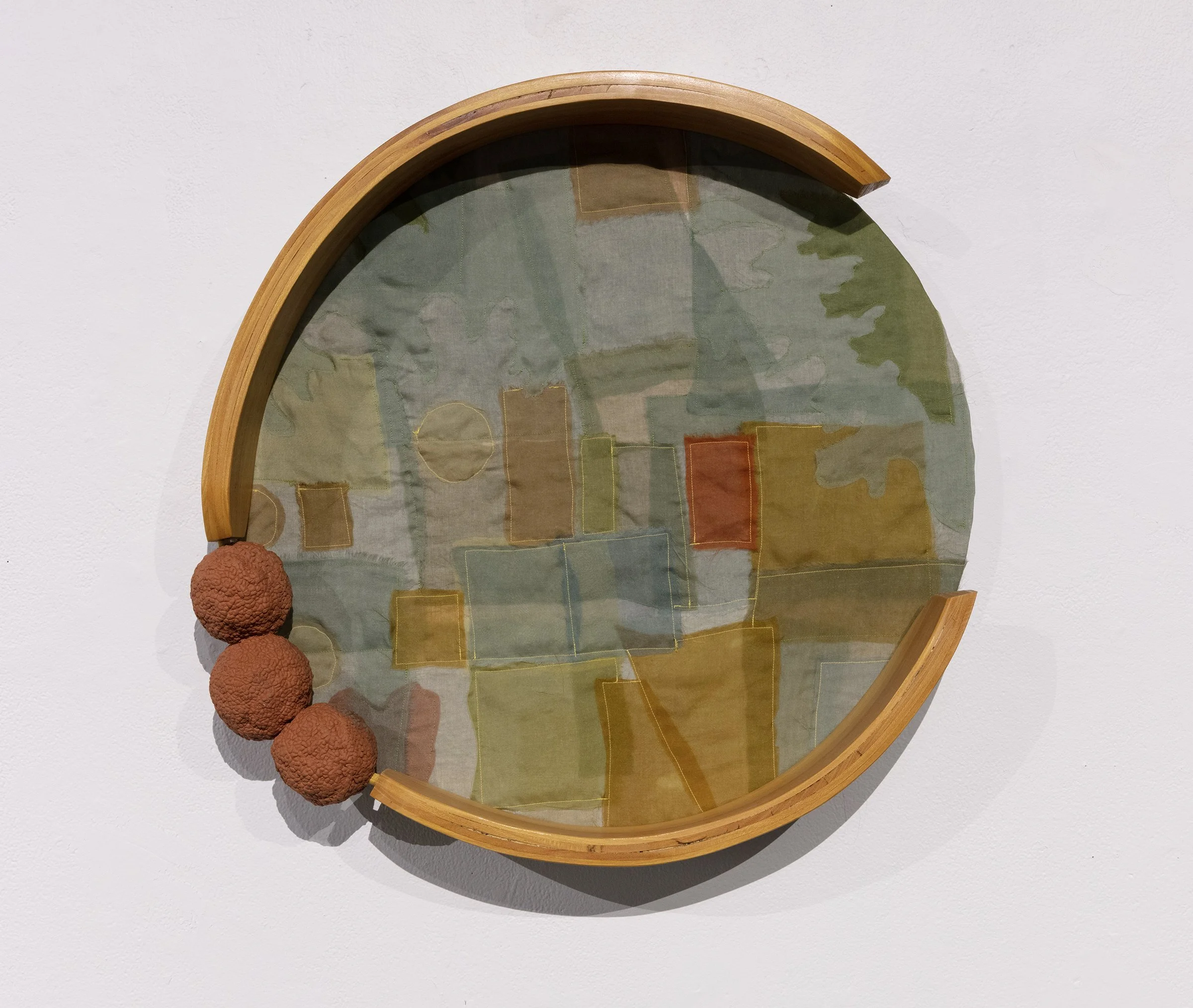 Plat 
2023
24”x24”x6”
Locally sourced clay, locally sourced osage orange, hand dyed silk organza, linen, thread 
