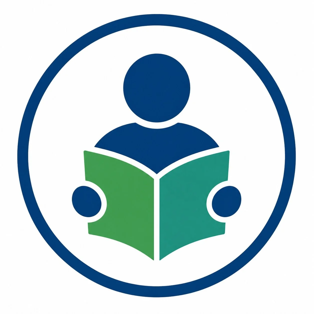 Icon of a person reading a book, with the book in green and blue colors, enclosed in a blue circular border.
