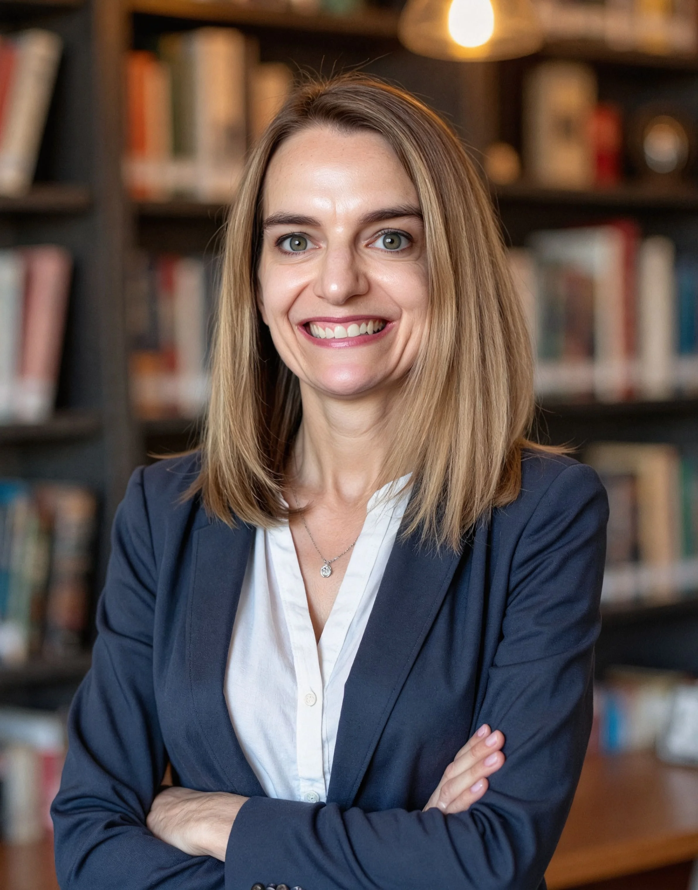A woman with long, light brown hair and green eyes smiling while standing in front of bookshelves in a library or bookstore. She is wearing a navy blazer and a white blouse, with her arms crossed.