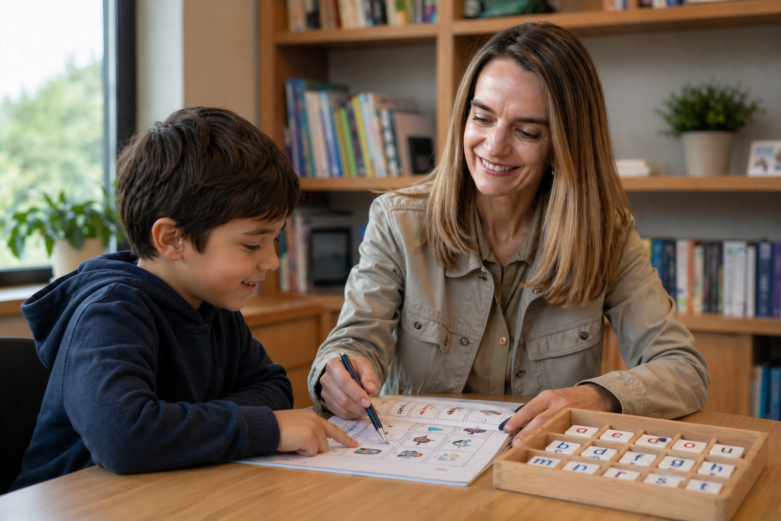 A woman and a young boy sitting at a table working on a learning activity together. The woman is smiling and holding a pen, pointing to a workbook with colorful illustrations. There are alphabet letter tiles in a wooden tray on the table. The background shows a bookshelf and a window with greenery outside.