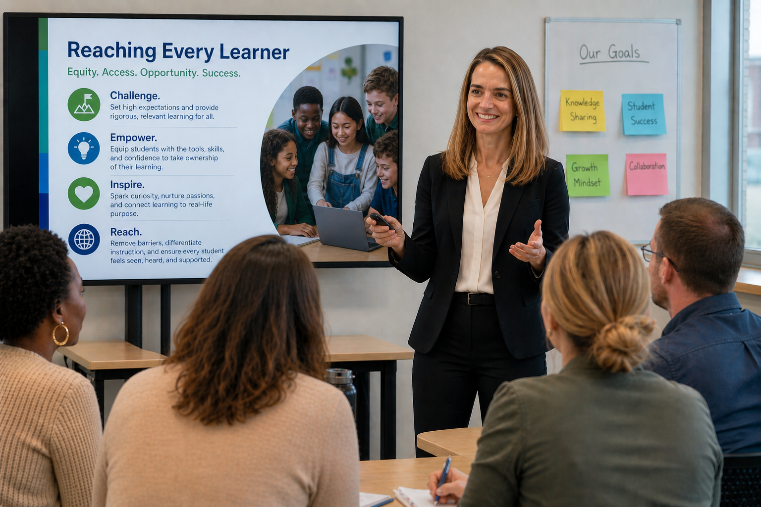 A woman in a black suit is giving a presentation to a group of four adults seated at a wooden table in a classroom. Behind her, a large screen displays educational goals, and a whiteboard shows colorful sticky notes with words like 'Knowledge Sharing' and 'Student Success'.