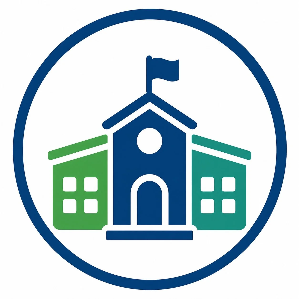 Icon of a school building with a flag on top, surrounded by a circle, with one green wing on the left and one green wing on the right.