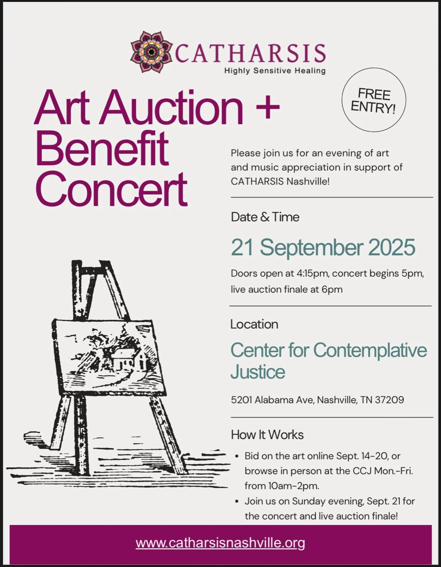 Join us next week for the @catharsisnashville silent auction! 

✨Come bid on the art M-F (online or in person)
✨Then join us on Sunday, Sept 21 for a concert and live auction finale! 

More info at the link in our bio!