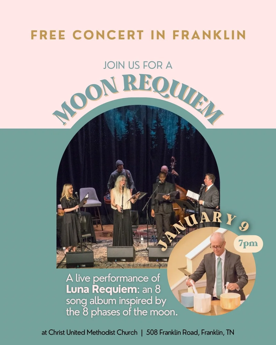 The Moon Requiem is coming to @christumcfranklin on Friday, January 9th at 7p! 
If you love the Moon or find yourself longing for beauty, truth or rest - come ring in the new year with us 🌙
*This event is open to the public and free to attend.

Luna