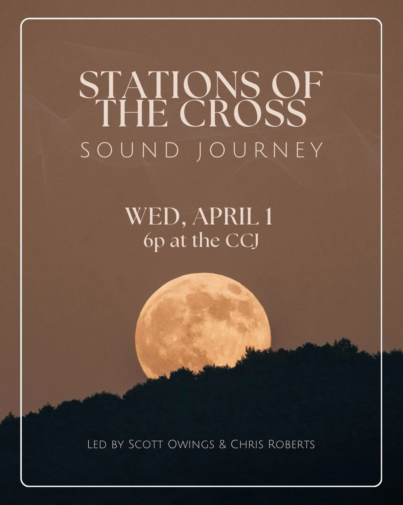 Experience the sacred path of Jesus from the Garden of Gethsemane to the tomb where his crucified body was buried. This will include a sound journey, meditative music, and the Eucharist.
🌕This Wednesday at 6p 🌕