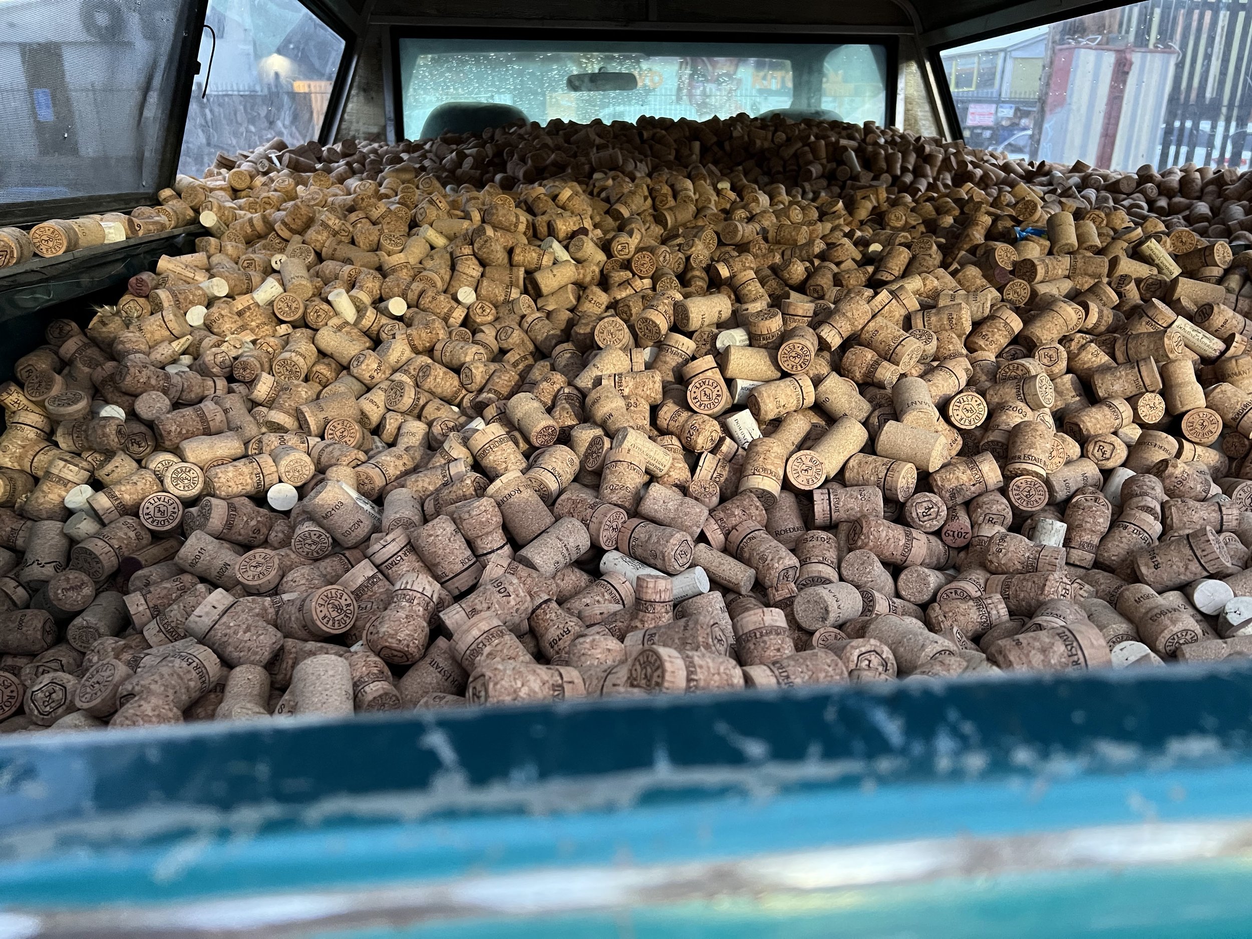 A truckload of recycled and discarded wine and champagne corks