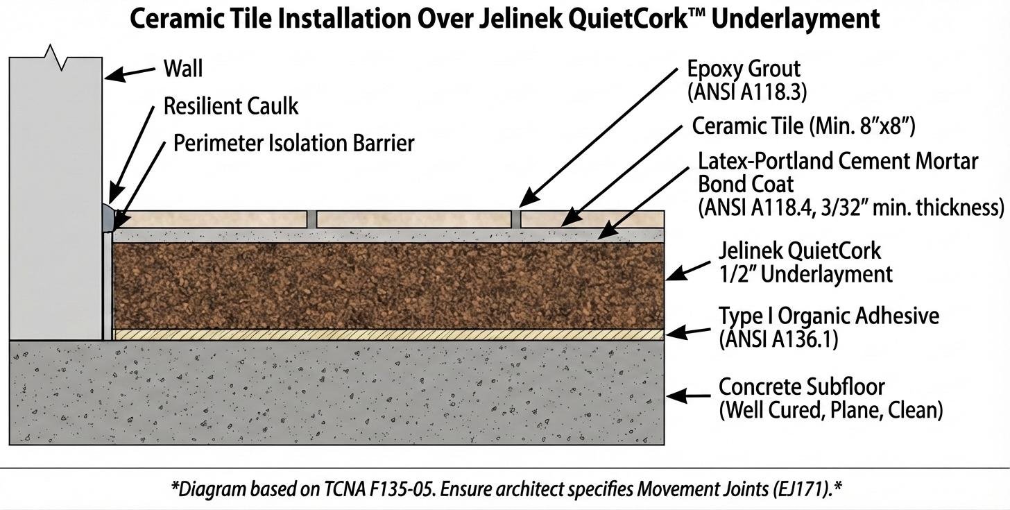 A diagram showing ceramic tile installed over QuietCork underlayment