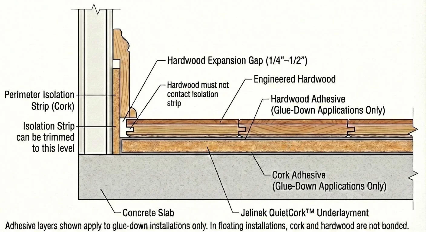 Diagram showing the perimeter cork isolation strip for a full floor assembly.