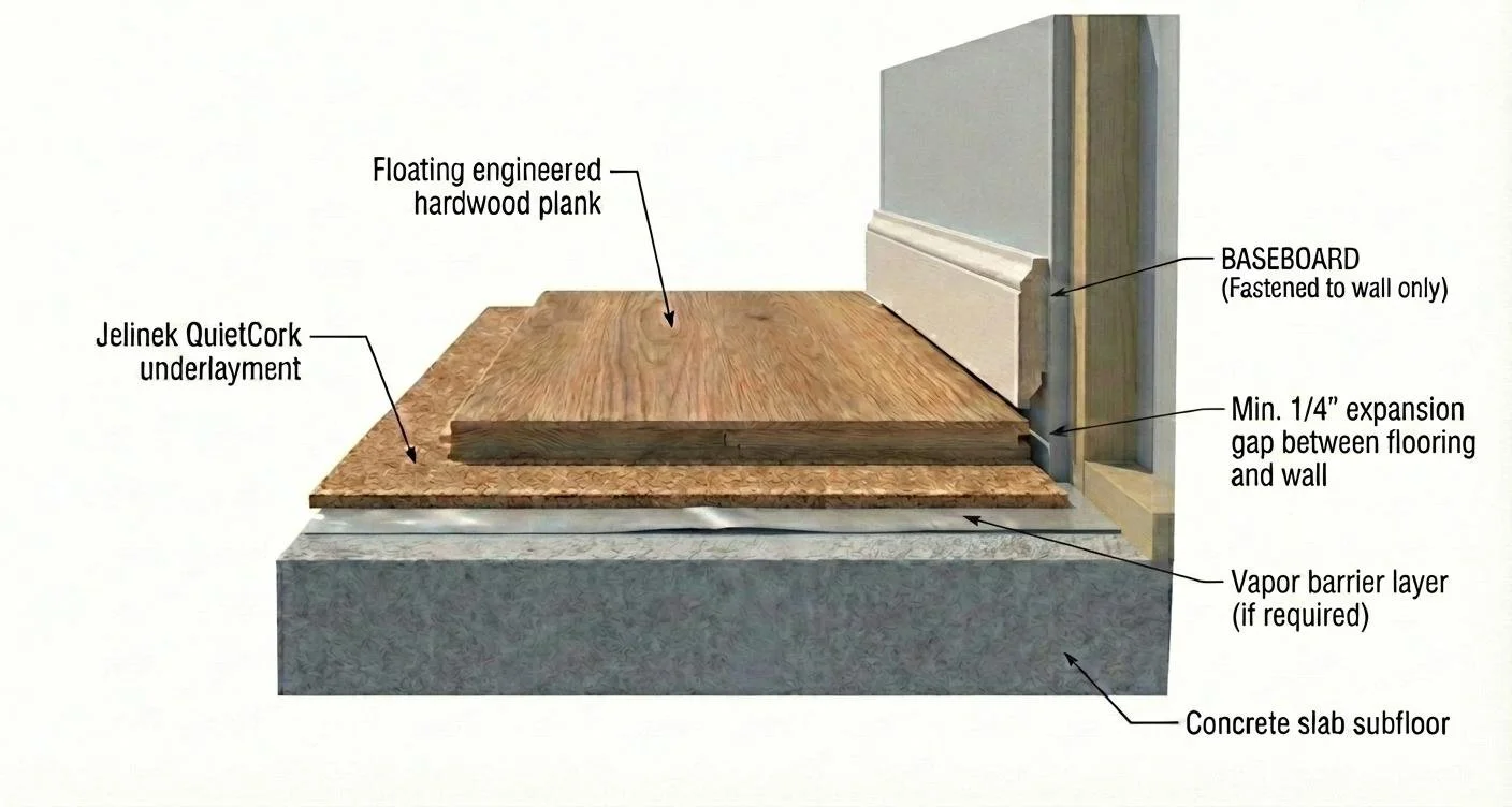 A diagram showing how QuietCork underlayment is installed under floating engineered hardwood floor planks