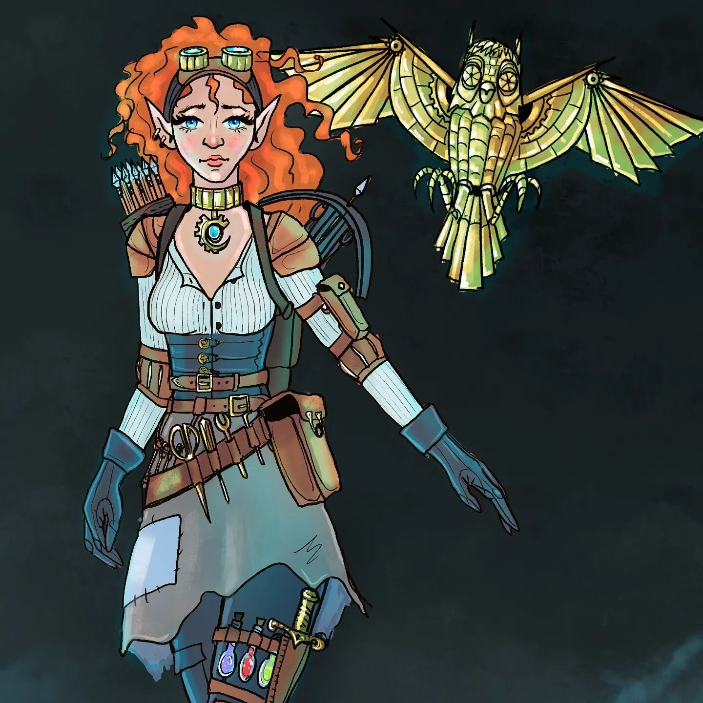 Another post of my DnD character, Fiona ✨️🤓 Can anyone guess where I got the design for this mechanical owl? 

#dungeonsanddragons #dnd #characterart #artificer #halfelf #elf #fantasyart #fantasy #gaming #tabletop #roleplaying #character #design #ar