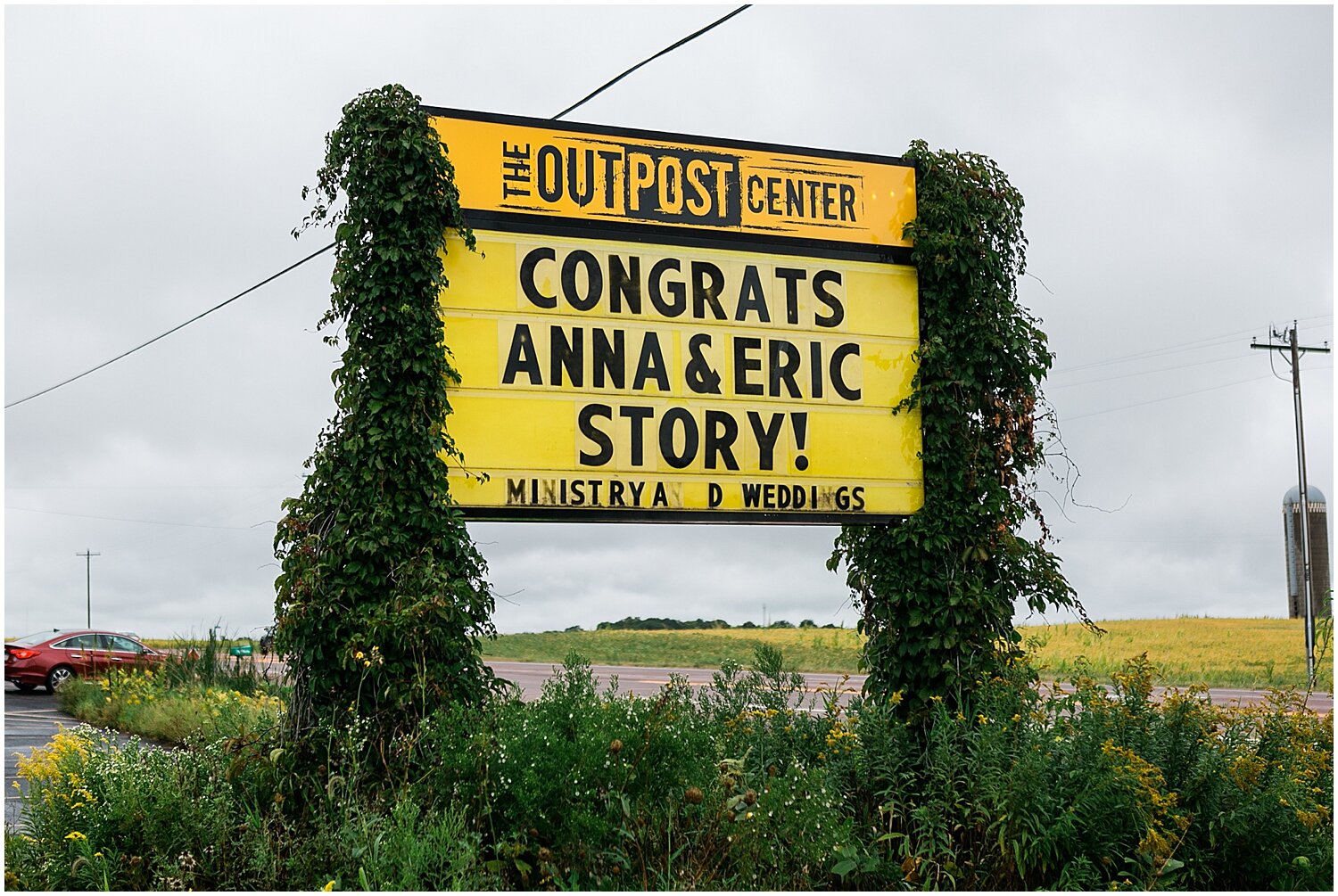  Congratulations sign in front of The Outpost Center wedding venue 
