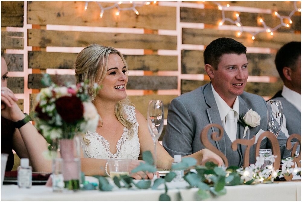  bride and groom sitting at their head table at The Outpost Center 