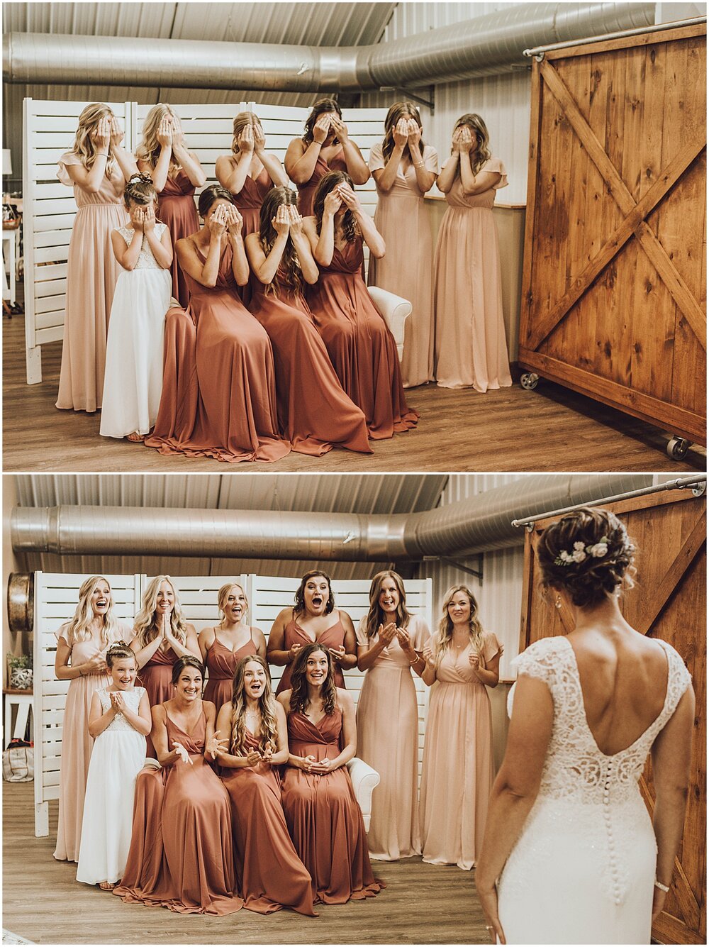 bride surprising her bridesmaids wearing her wedding dress 