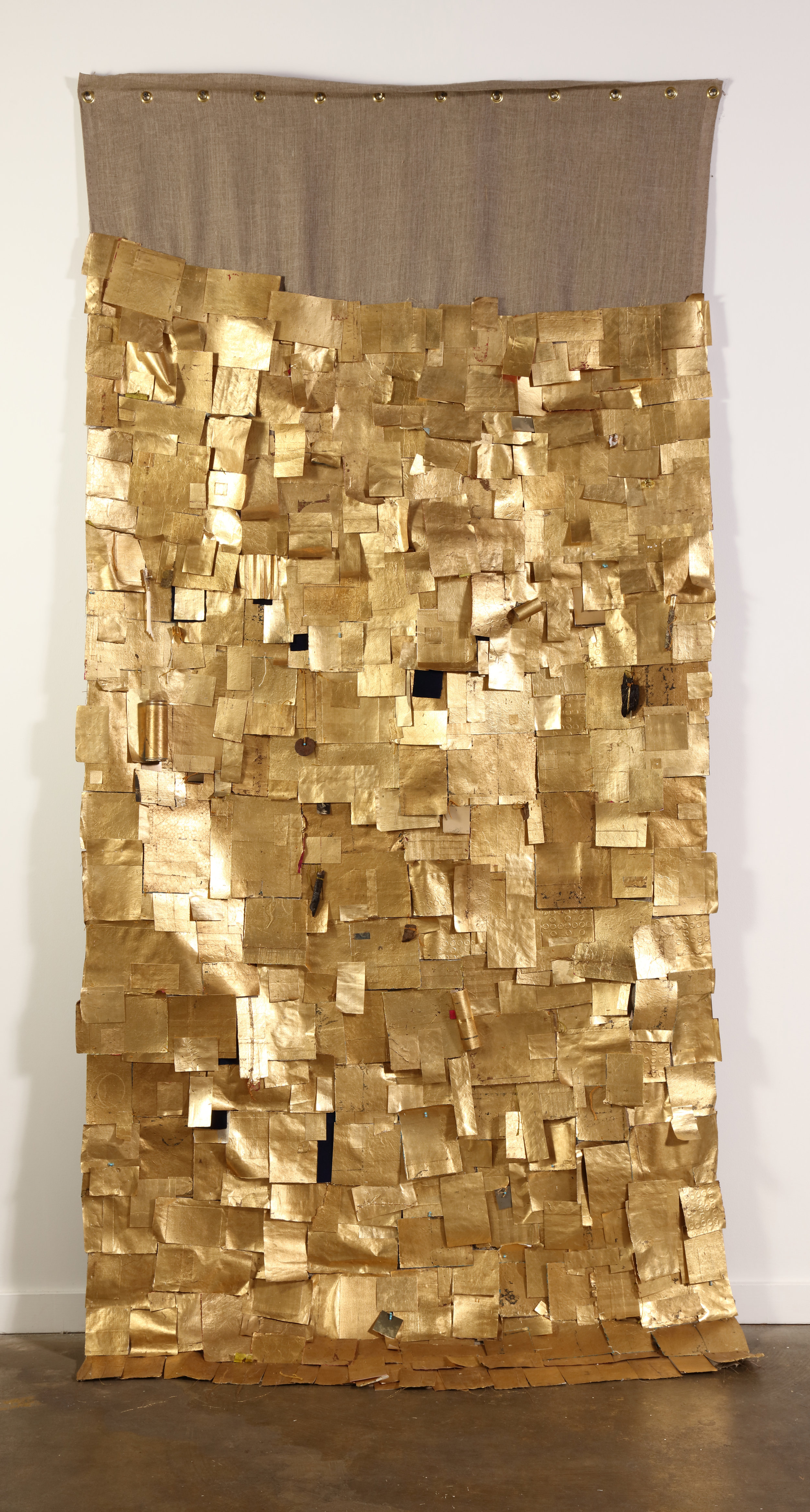   Nothing Gold Can Stay , 2019  Found and personal papers, composition gold leaf, found objects, cotton thread, and 23K gold thread on linen  118 x 56 in. 