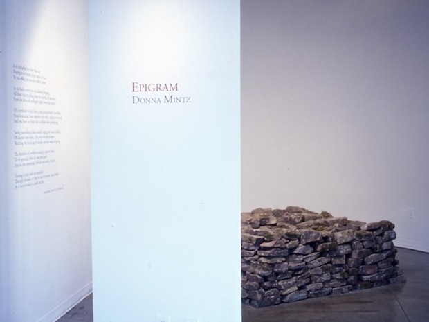   Epigram , installation view Atlanta Contemporary Art Center  Found stone, hand lettering in chalk  Approx. 72 x 72 x 36 in. 