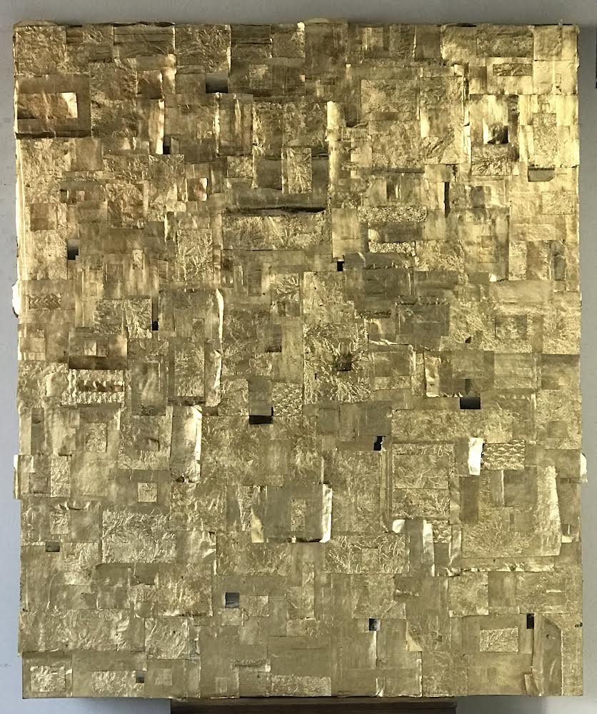   Untitled (last reliquary) , 2022  Collage of found papers, silk embroidery, found and artist’s own silver gelatin photographs, 23K gold thread on canvas  72 x 60 in. 