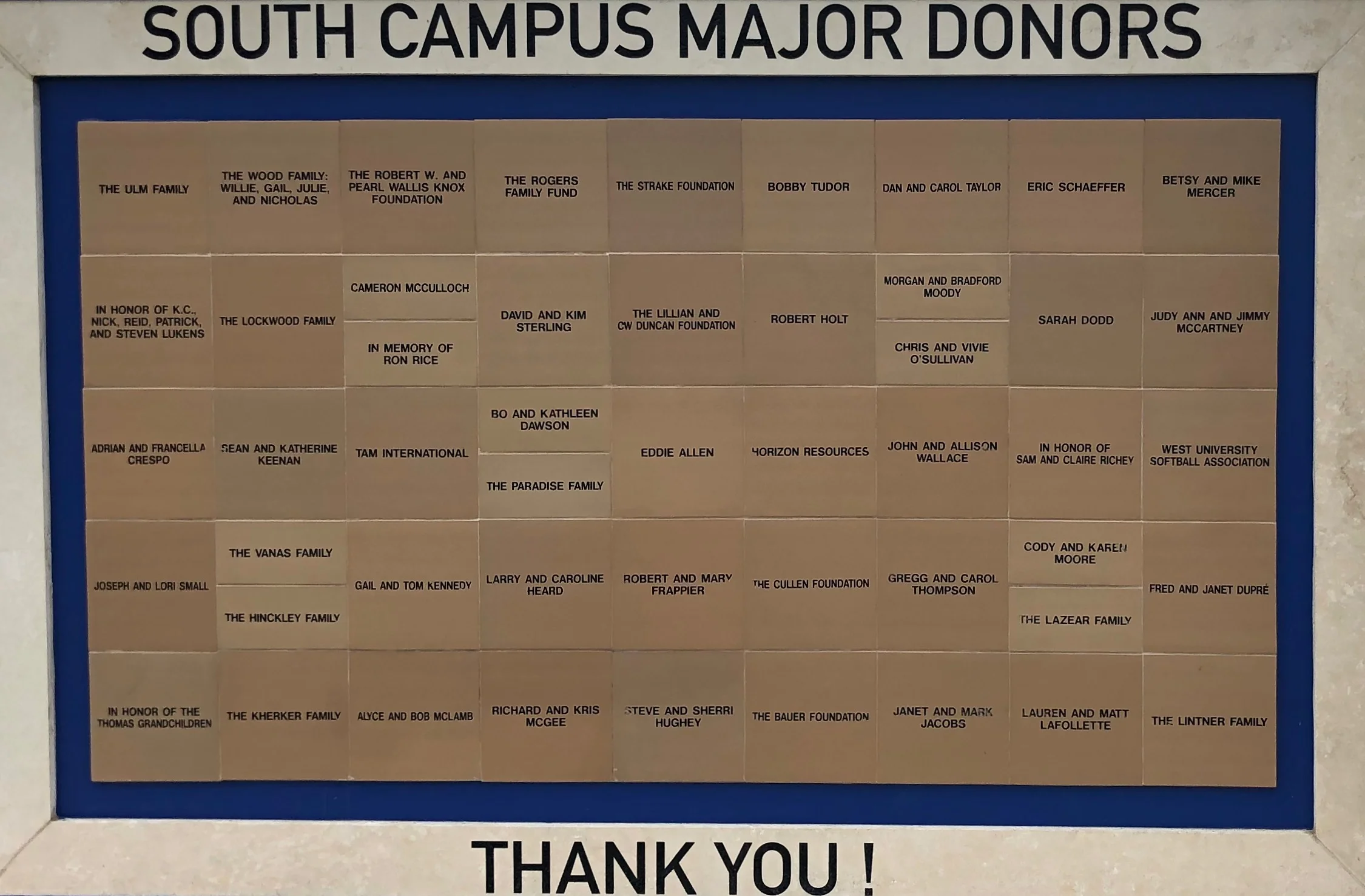 Major donors recognized on the West U Softball Association welcome sign