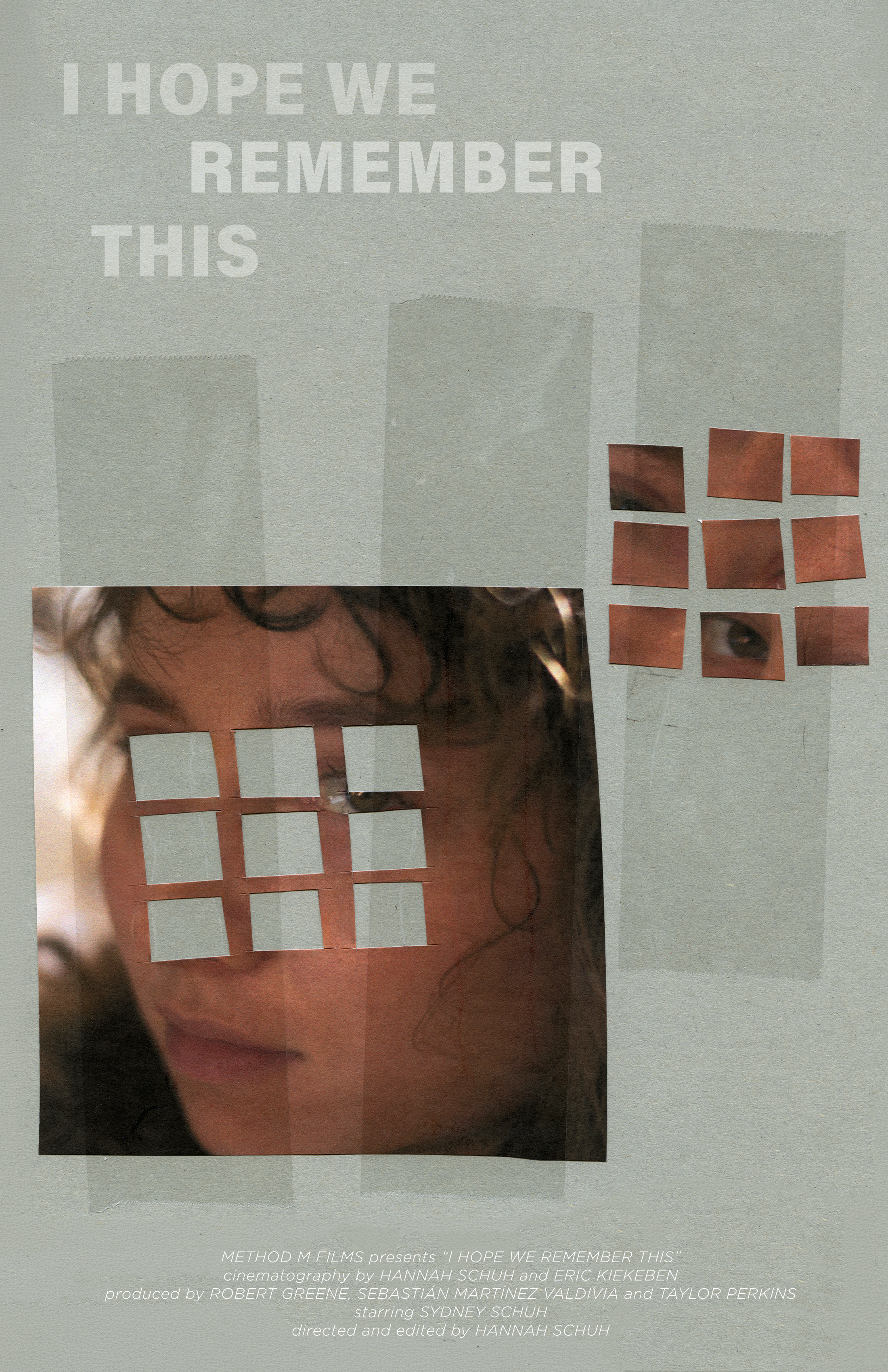 A poster for the film I Hope We Remember This, showing the filmmaker with squares cut out of a picture of her face