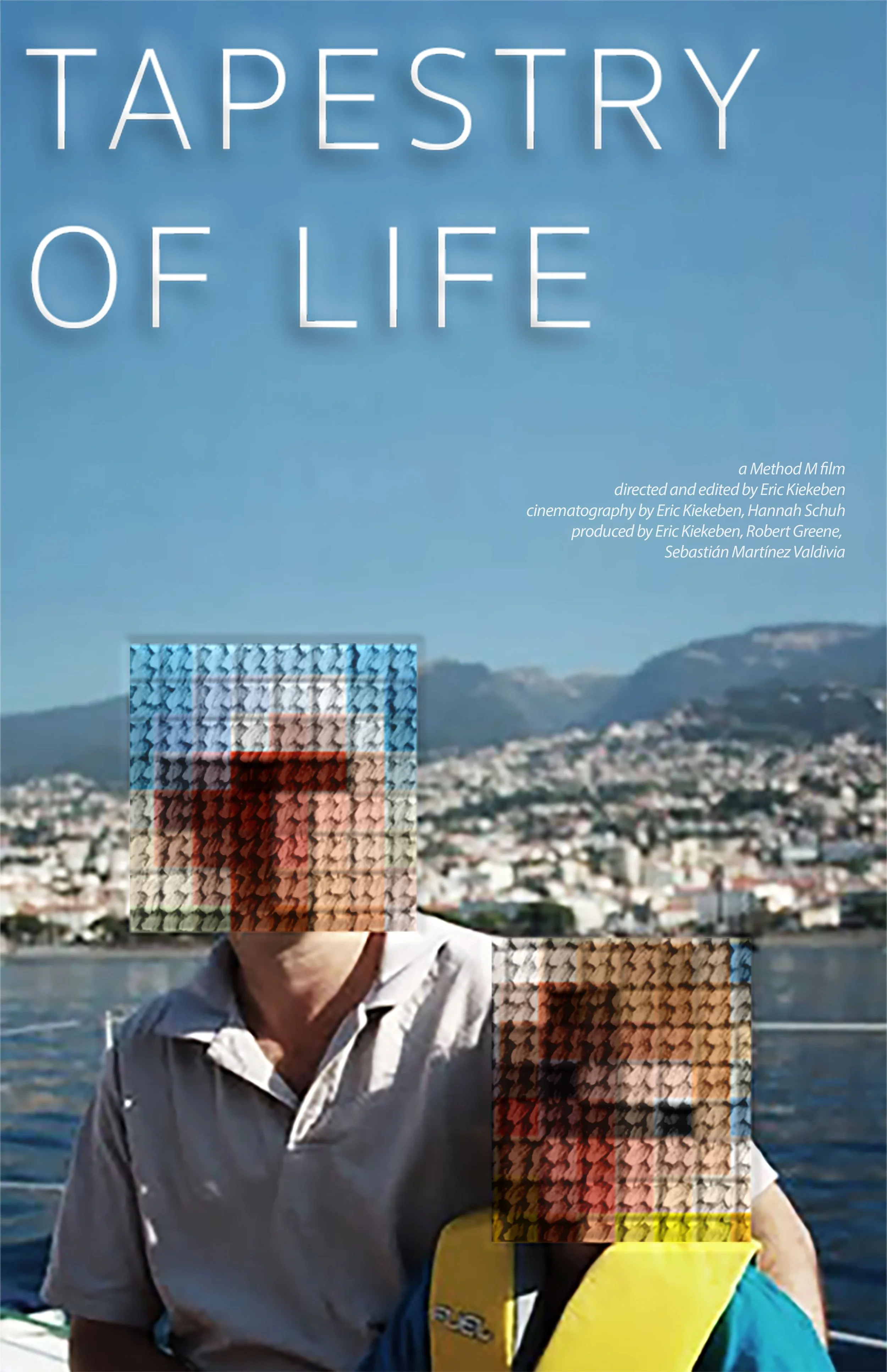 A poster for the film Tapestry of Life showing a boy and his father with fabric patterns covering their faces