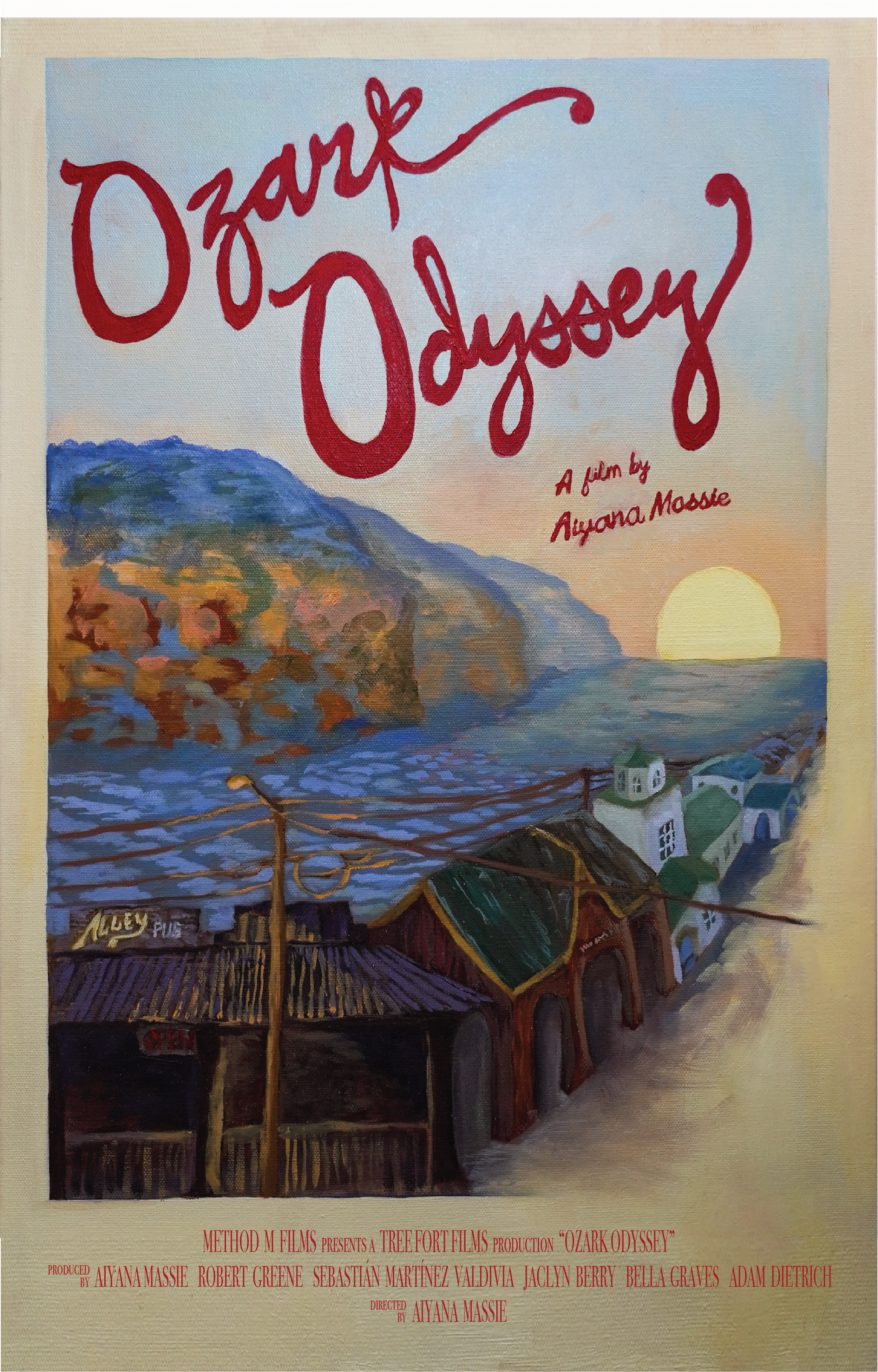 A poster for the film Ozark Odyssey, showing an illustration of the strip at Lake of the Ozarks, with water and bluffs in the background