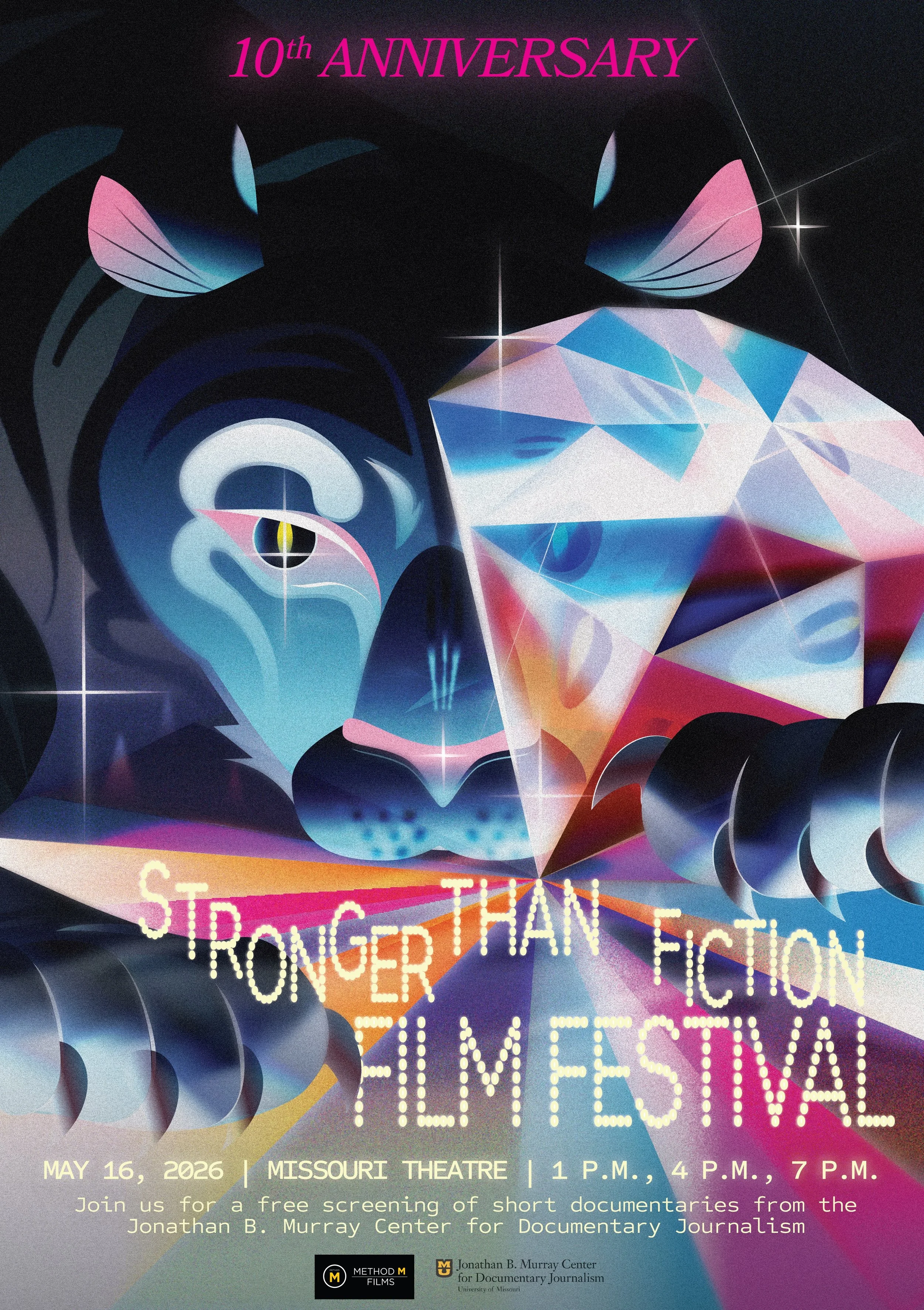 A poster for the 2026 Stronger Than Fiction Film Festival showing an illustration of a tiger looking through a diamond