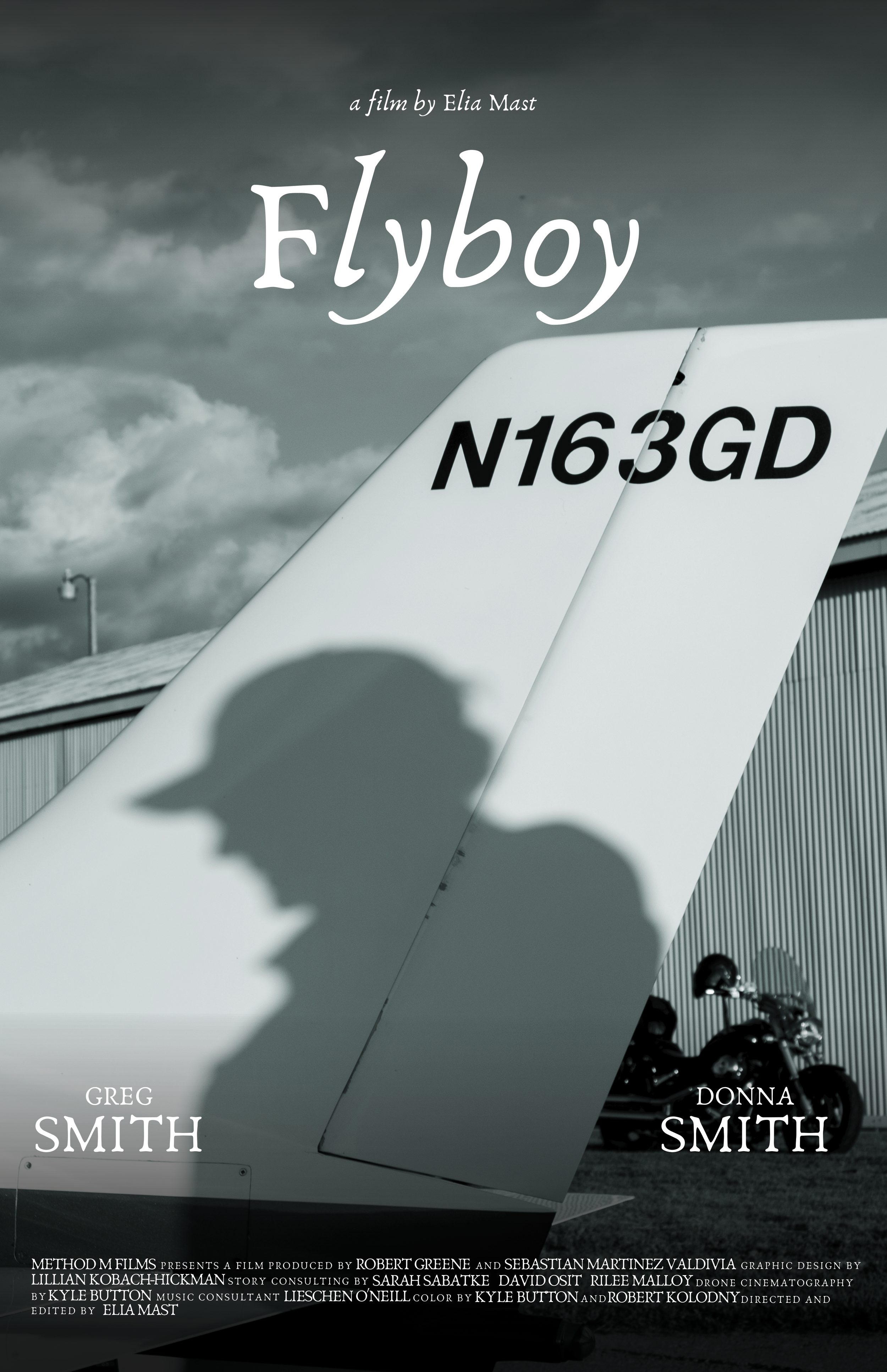 A poster for the film Flyboy showing the silhouette of a man in a hat on the tail fin of a plane.