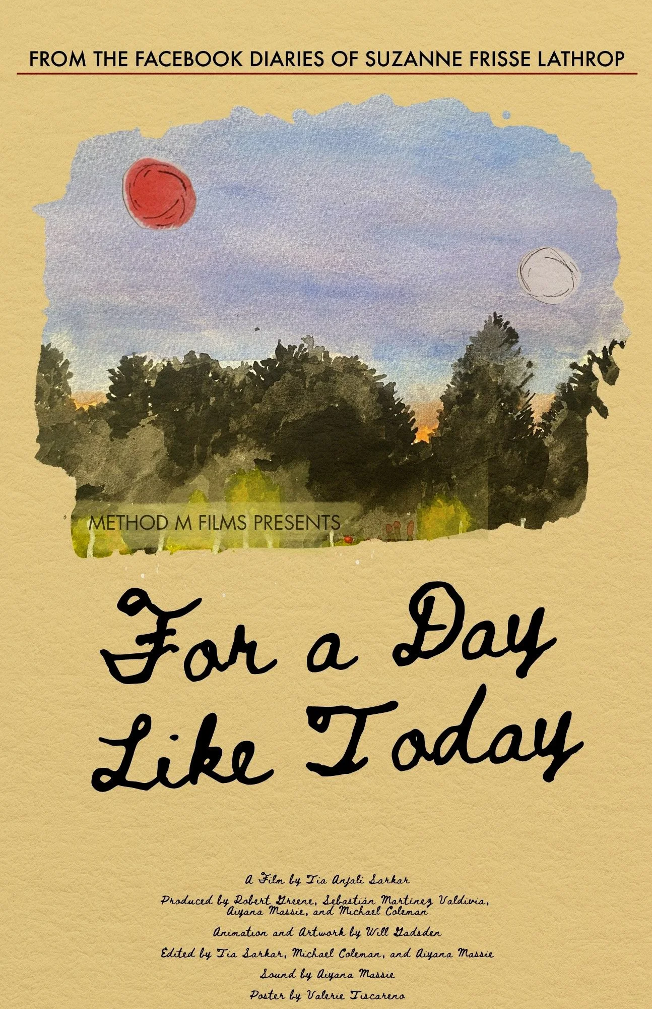 A poster for the film For A Day Like Today, showing a watercolor of the sky above a treeline, with floating orbs