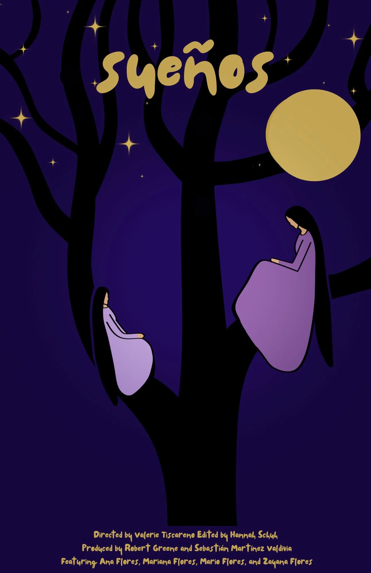 A poster for the film sueños showing a mother and a daughter sitting on opposite branches of a tree