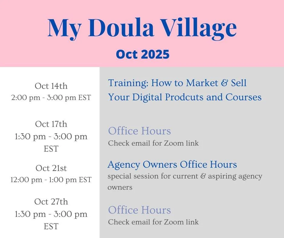 Want to spend part of your Friday with me? 
Join me and some awesome doulas for our My Doula Village Office Hours session later today from 1:30pm - 3pm ET.
Bring your marketing questions, or just listen. 
There's always a great discussion and so much