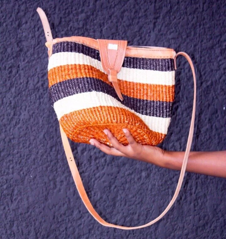 Hand Woven Woman's Bag: Navy, Orange and White Stripe