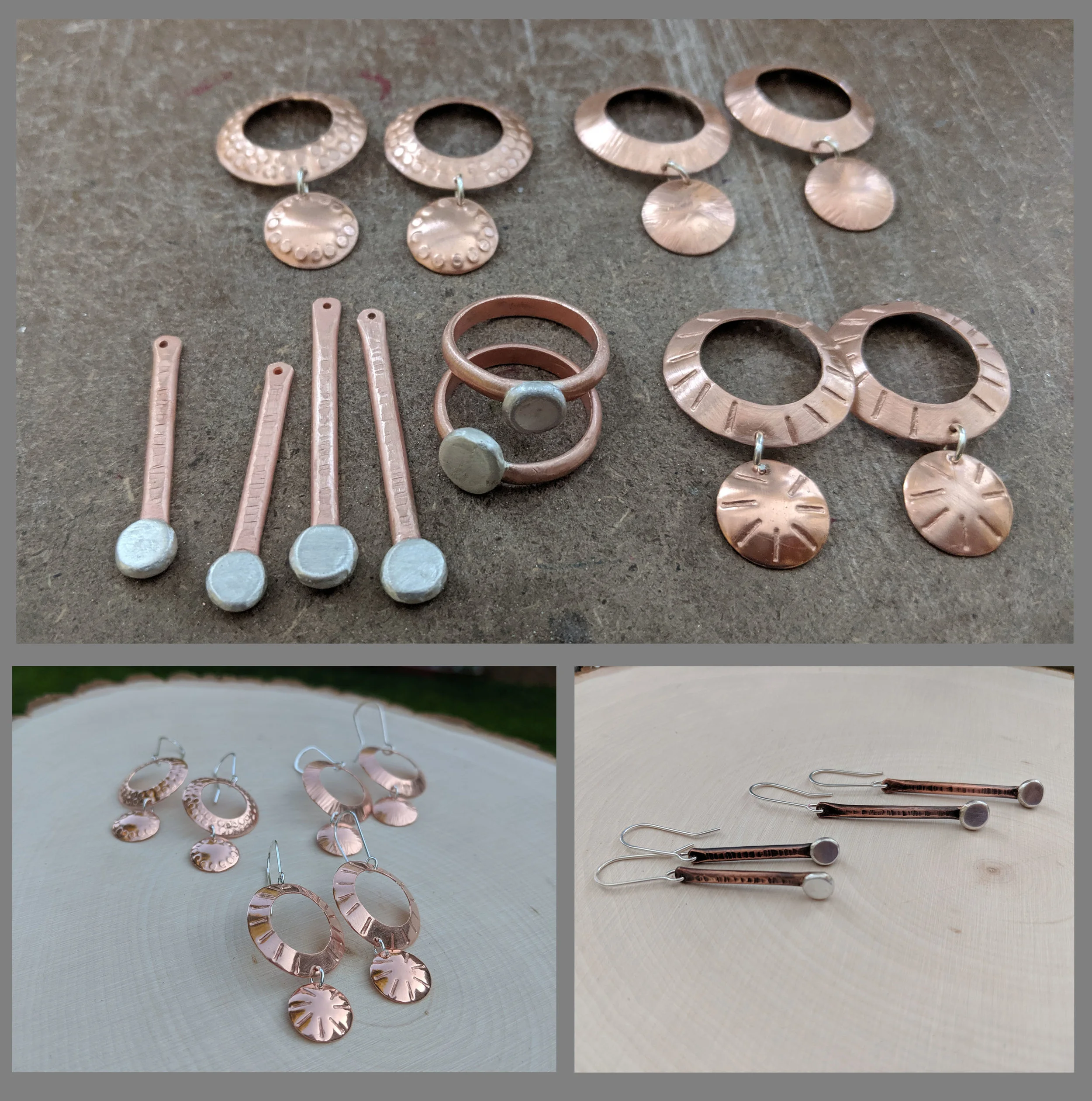 At top, earrings and rings in progress; below, finished earrings.