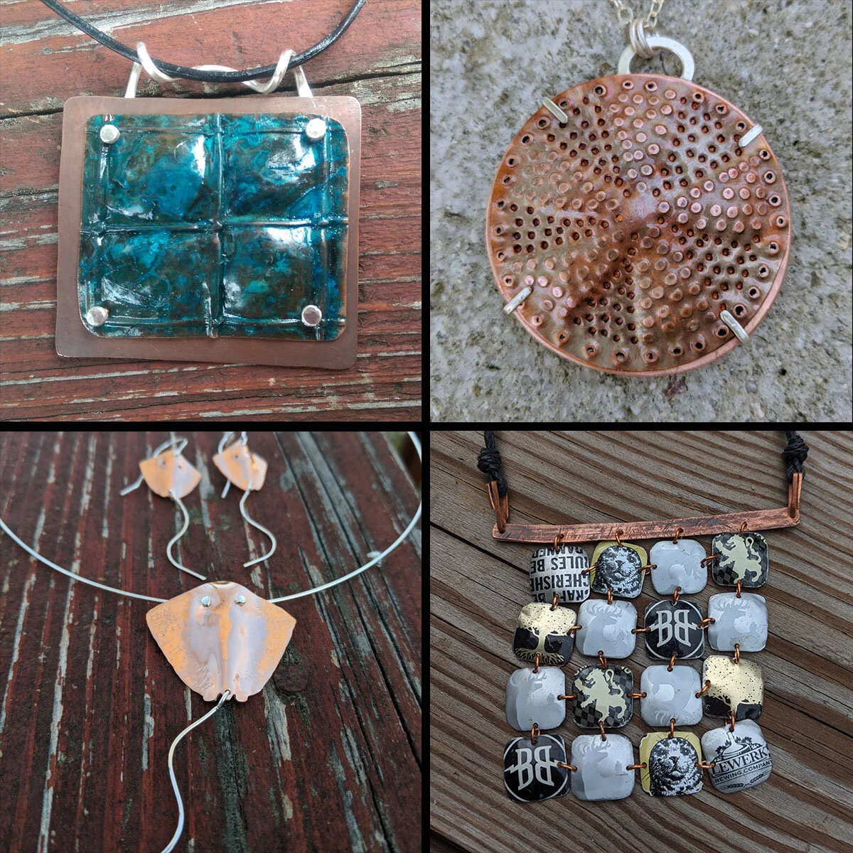 Challenge pieces, clockwise from top left: “Blue” (for “Blue” show), copper side of “Diatoms” (for Botanical show), bottle cap necklace, (for “Recycled”), and “Sting Rays” (for “Animal Kingdom” show).