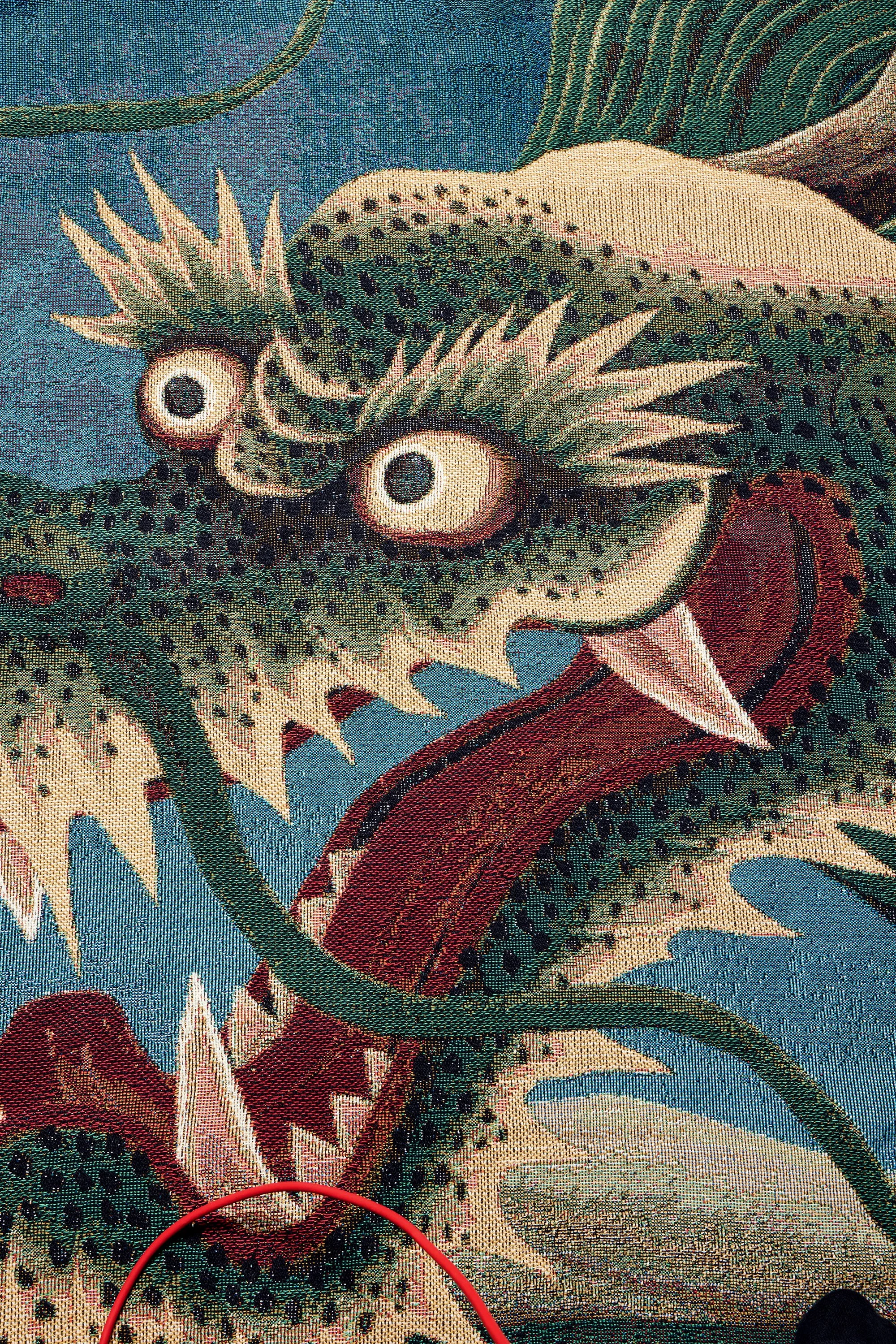 Organic cotton woven texture of Monkey Dragon art blanket