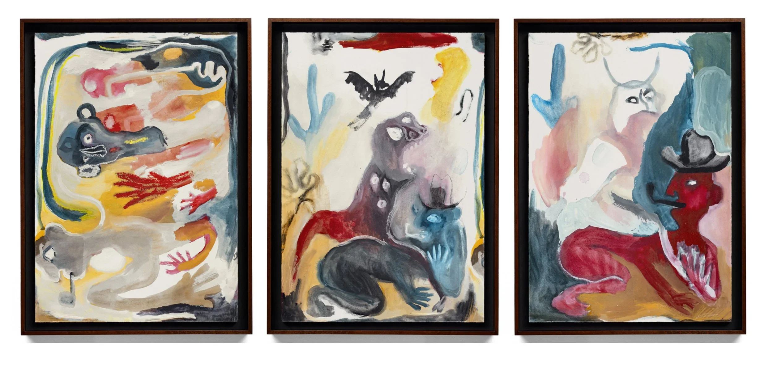 Three framed abstract paintings with animal and human-like figures in bold, expressive brushstrokes and vibrant colors.