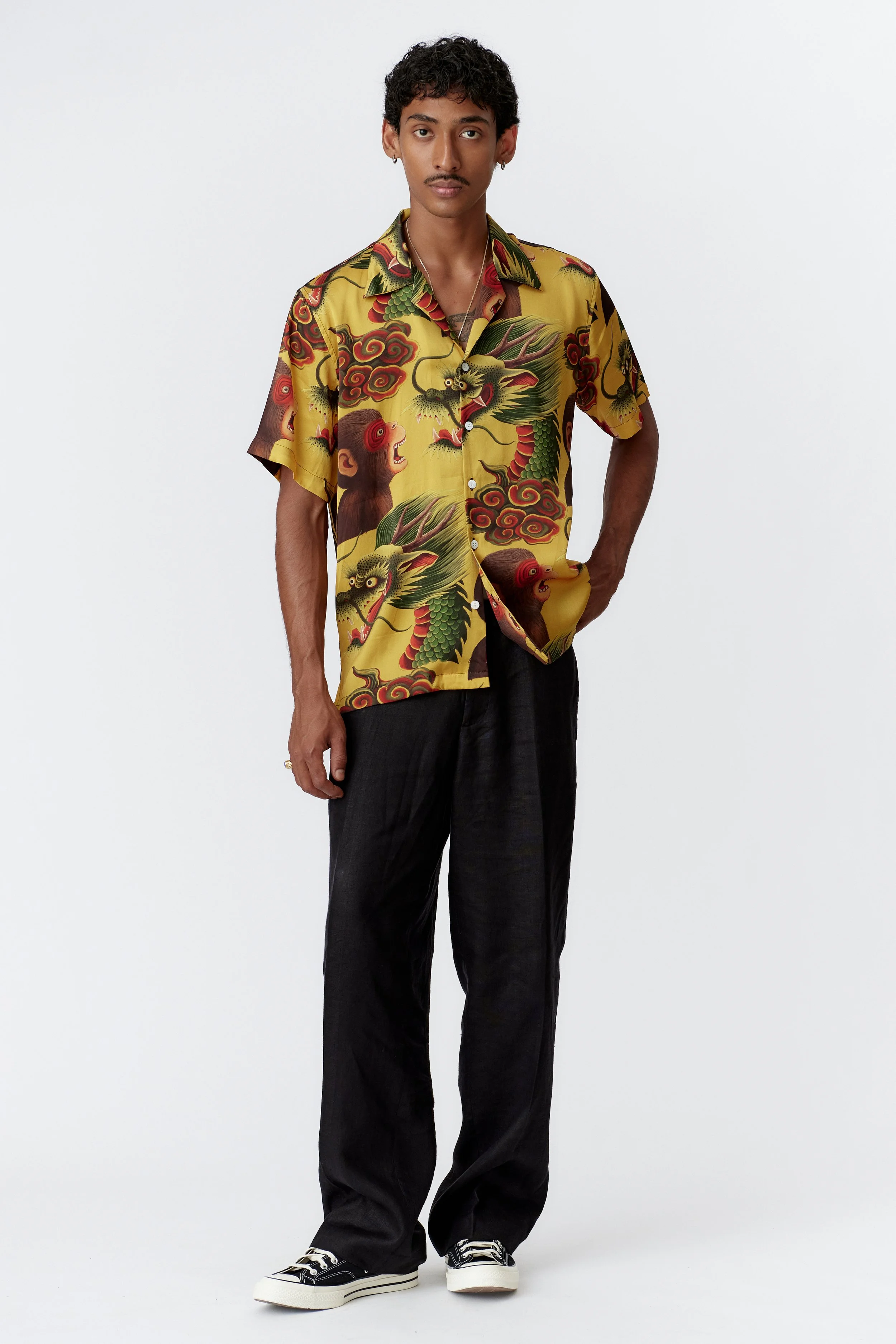 Monkey Dragon Yellow Short Sleeve Silk Shirt Full Length